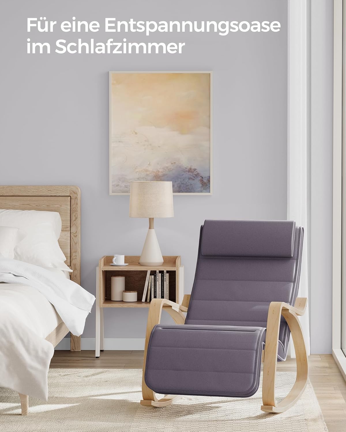 Thumbnail 3 de SONGMICS Schaukelstuhl LYY010G01 mit Armlehnen aus Birkenholz – 5-fach verstellbare Fußstütze, bis 150 kg belastbar, hellgrau-natur