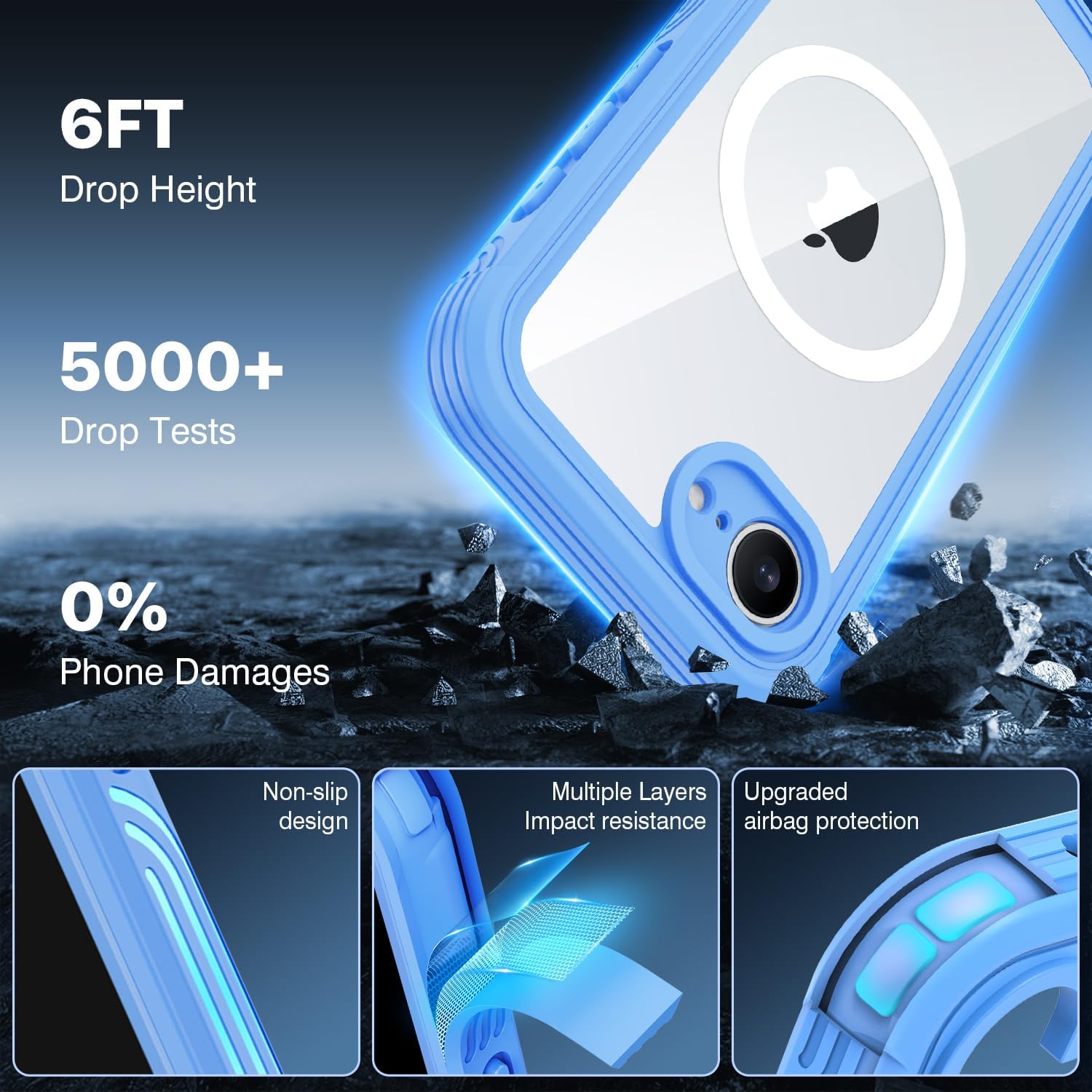 Detalle de CENHUFO Compatible iPhone 16e Case with Built-in 9H Glass Screen Protector and MagSafe Ring (Blue)