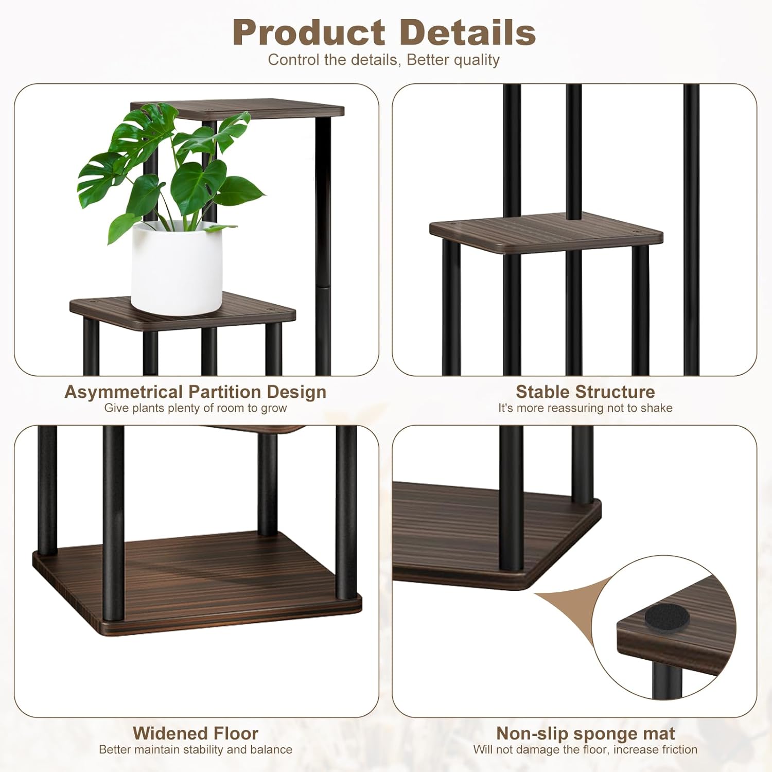 Thumbnail 3 de YOCOMEY 4-Tier Holz-Blumenregal – Pflanzentreppe, Standregal für Innen, Balkon und Garten (Schwarz/Eiche)