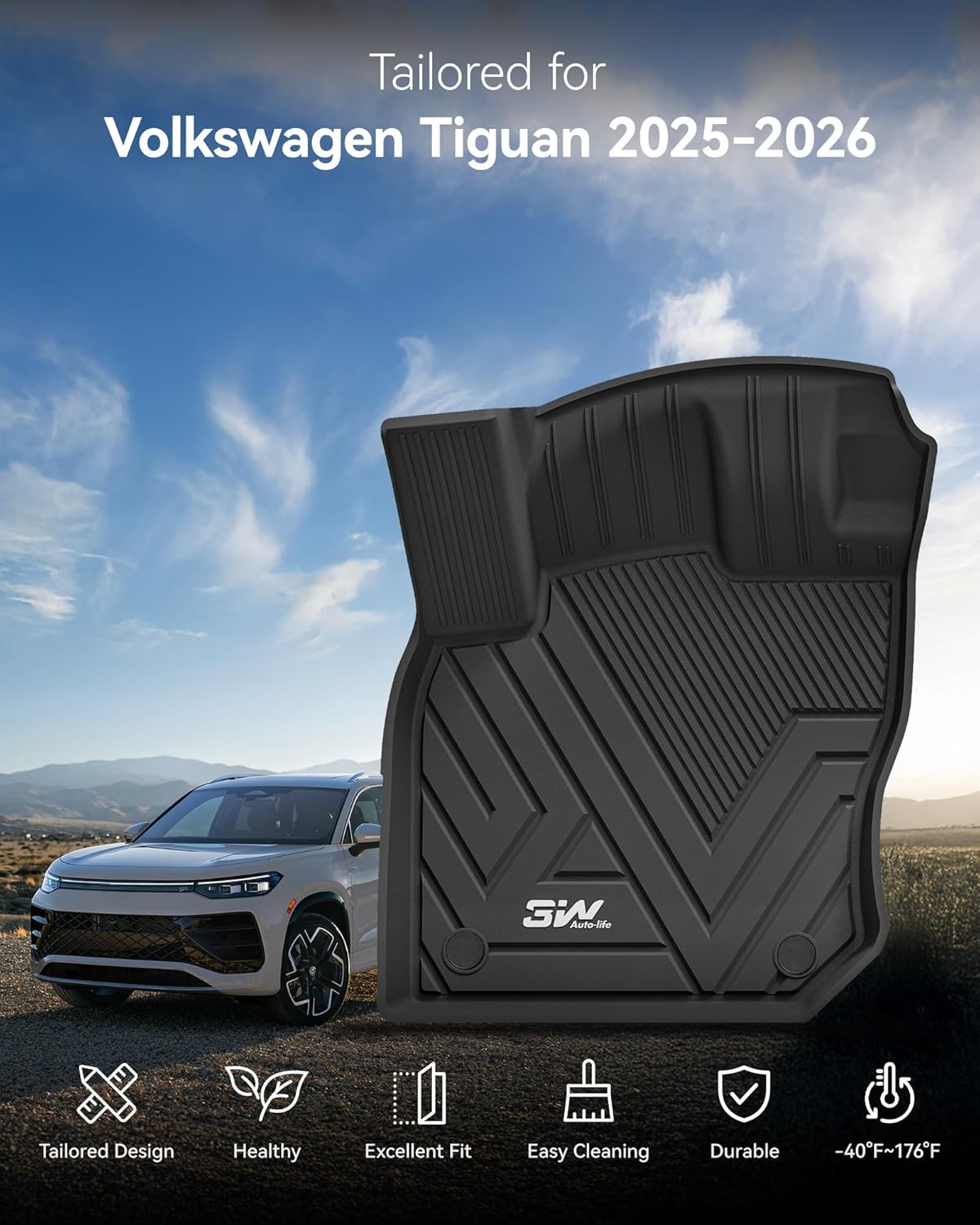 Thumbnail 1 de 3W All-Weather Floor Mats, Cargo Liner & Seatback Mats for 2025-2026 Volkswagen Tiguan (2 Rows) – Custom Fit, TPE, Black