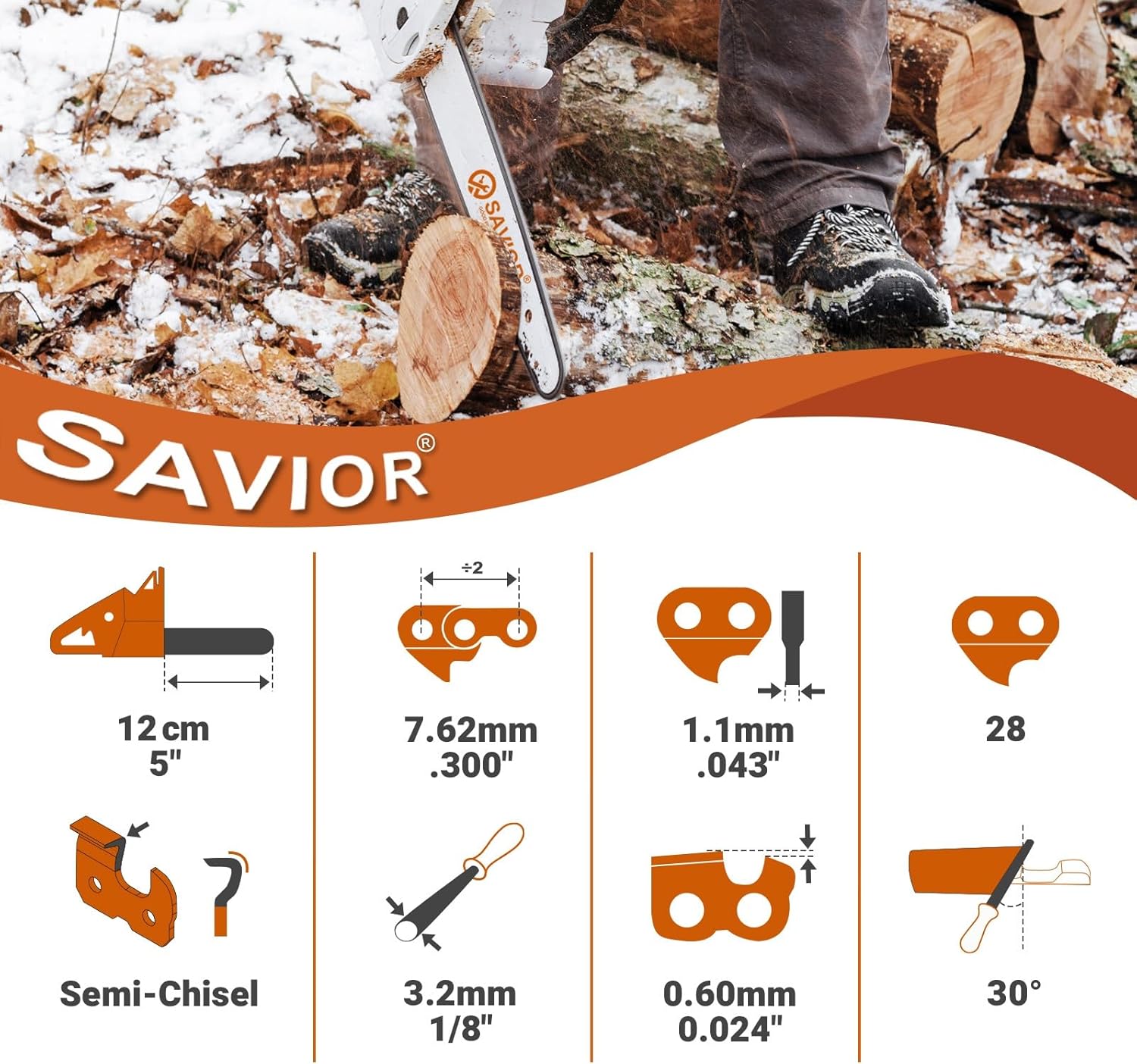 Thumbnail 1 de SAVIOR WA0142 Sägeketten (4 Stück) für Akku-Kettensägen mit 5-Zoll-Schiene, .300"LP, 1,1 mm, 28 Treibglieder