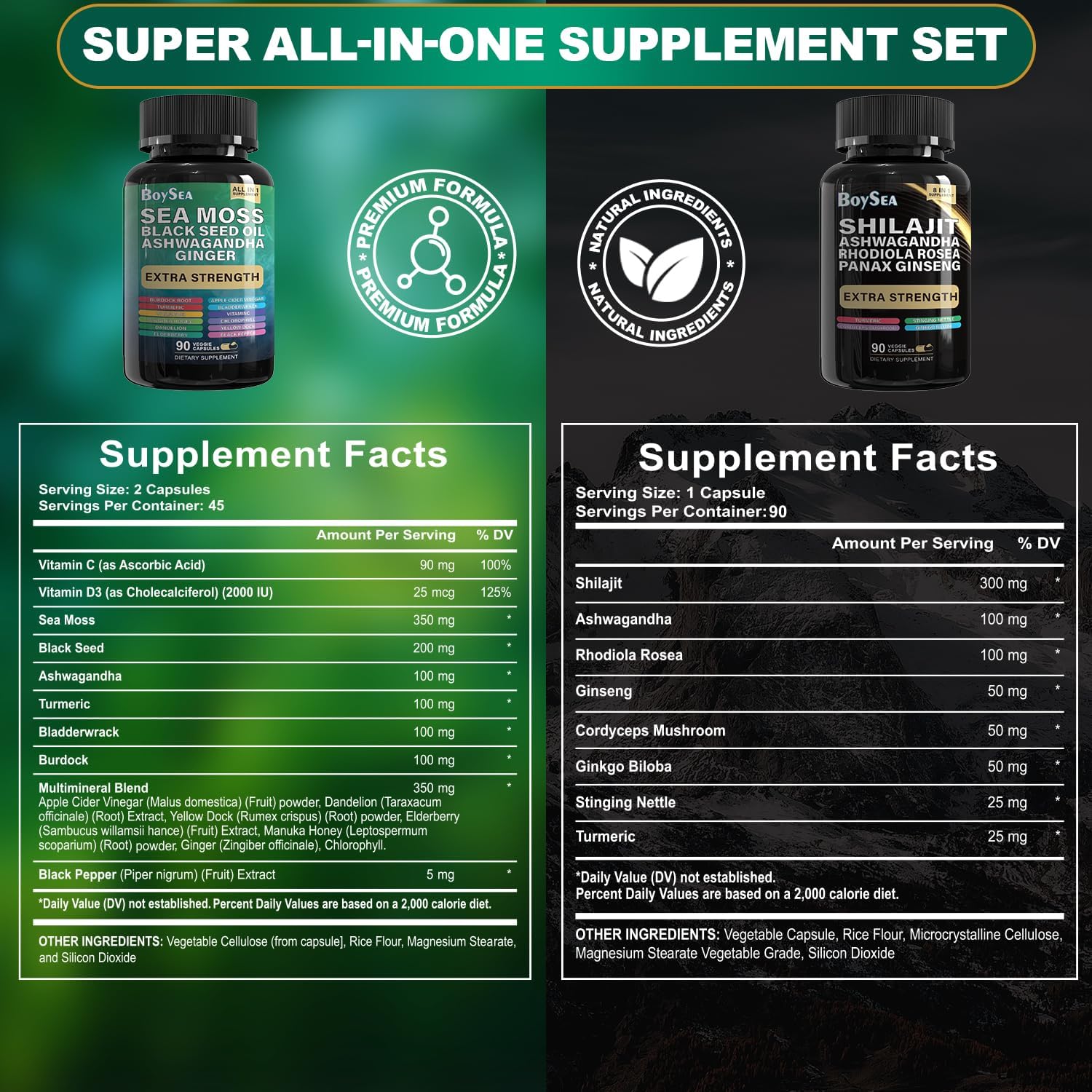 Detalle de Boysea Shilajit and Sea Moss Supplement Bundle, 180 Count, Multi-Ingredient