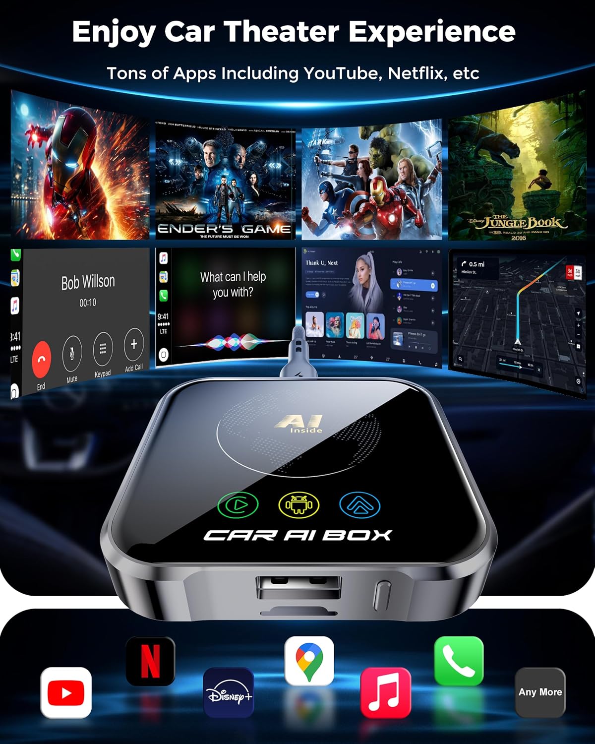 Thumbnail 3 de Magic AI Box Wireless CarPlay Adapter (Wireless CarPlay/Android Auto + Android 10 OS) in Glossy Black