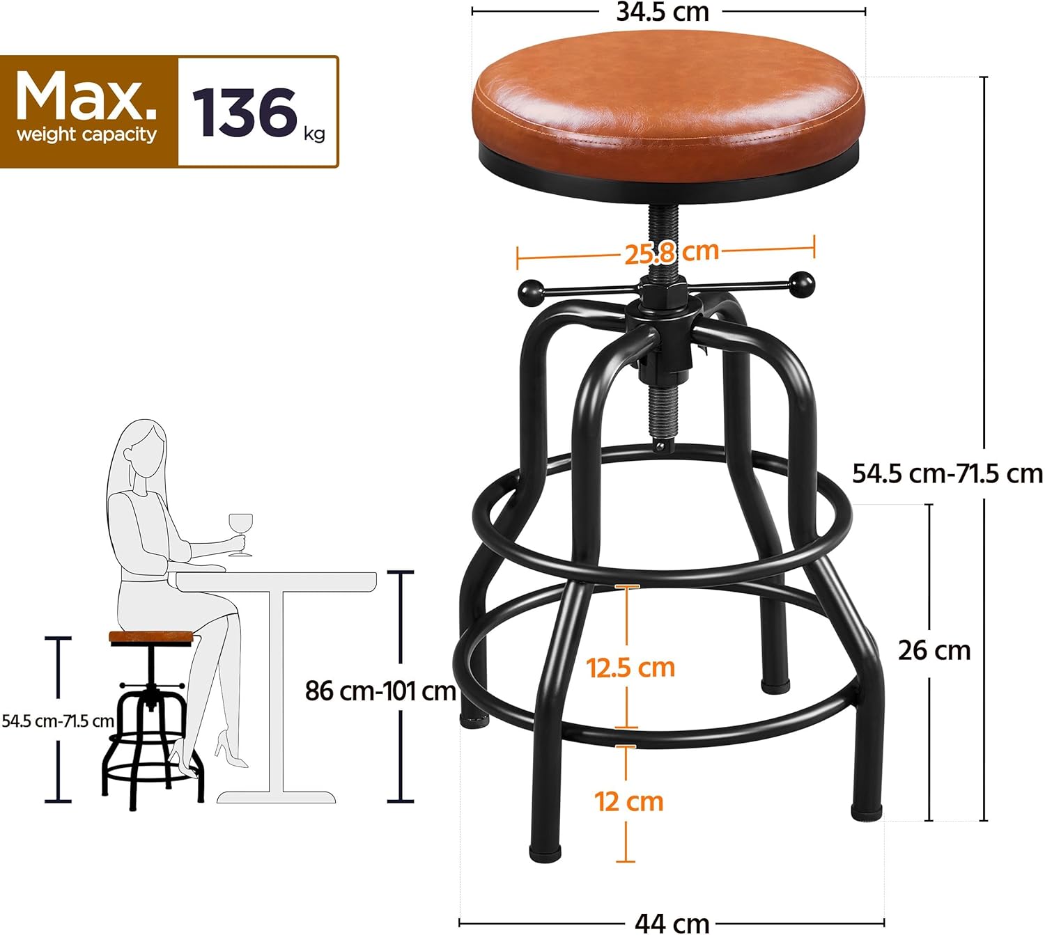 Detalle de Yaheetech industrial height adjustable barstool with faux leather seat (54.5–71.5 cm)