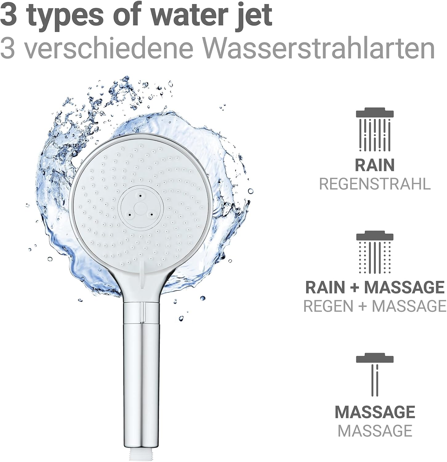 Detalle de WENKO Water Saving Duschkopf (12 cm) mit 3 Strahlarten, regulierender Handbrause & Universalanschluss