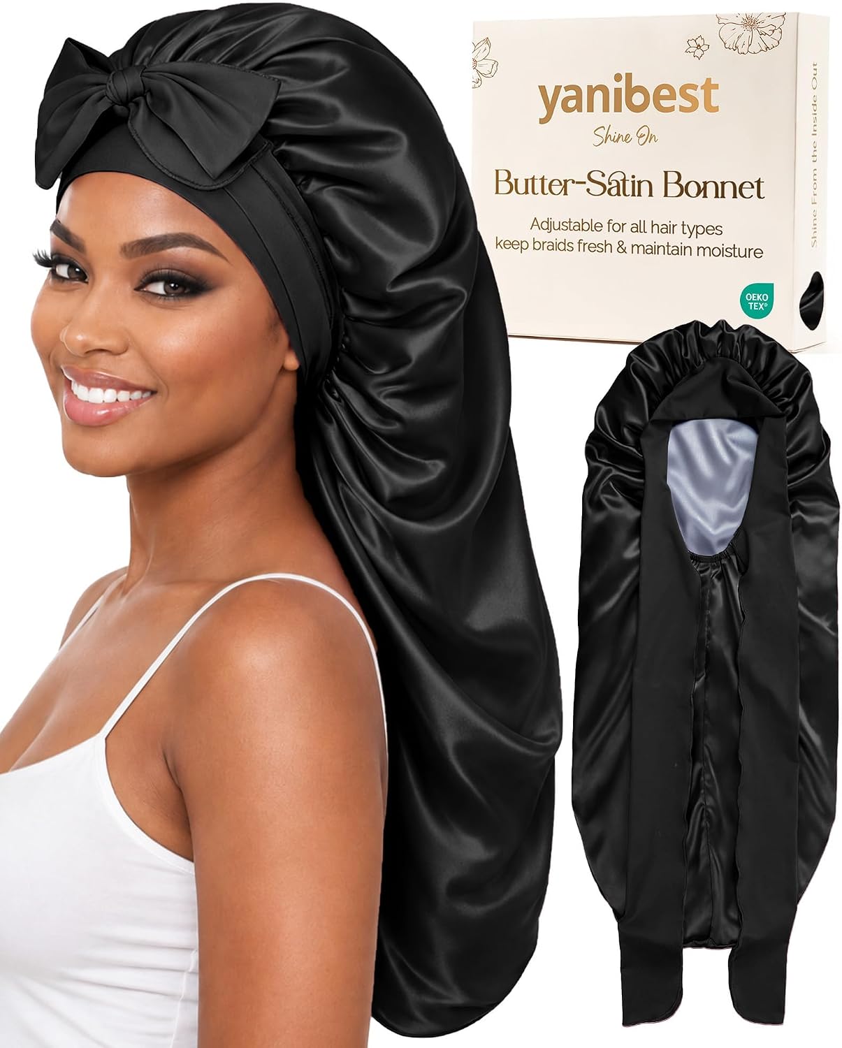 Detalle de YANIBEST Double Layer Extra Long Satin Sleep Bonnet with Adjustable Tie Band
