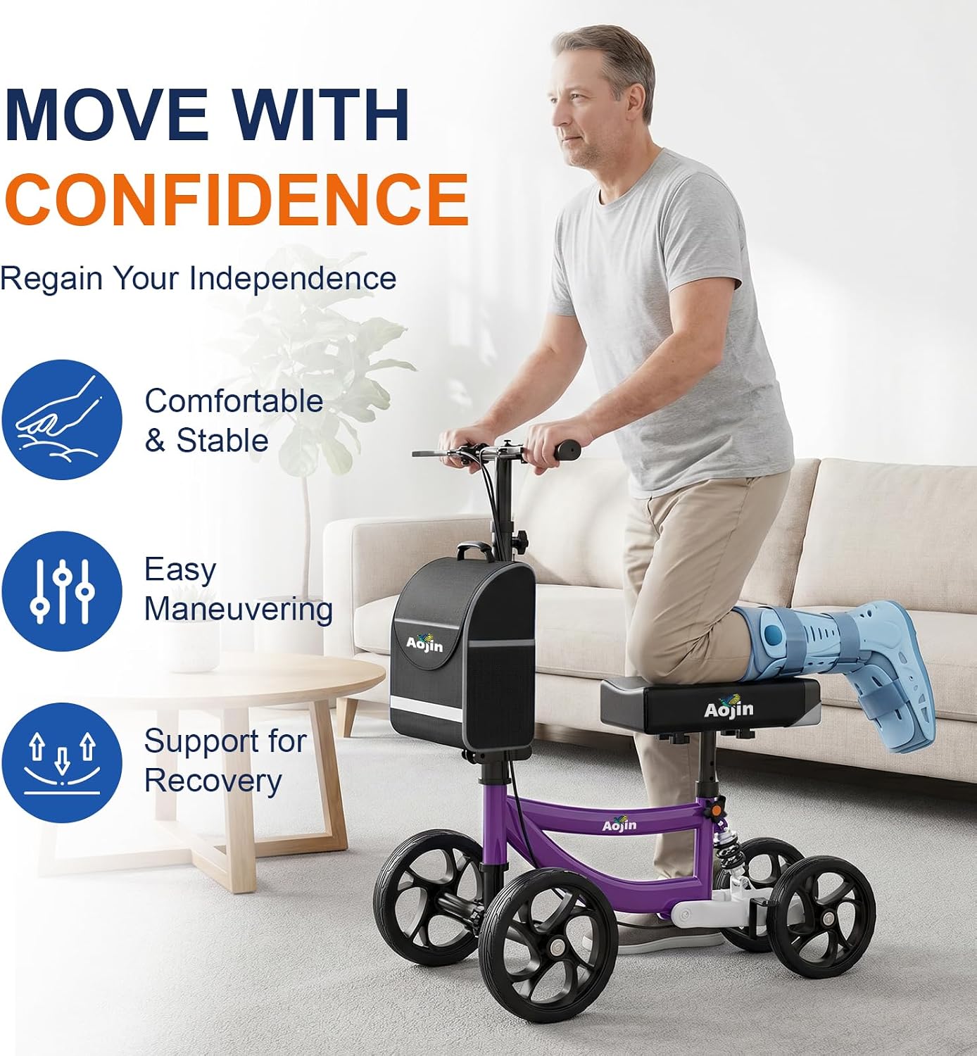Thumbnail 3 de Aojin WB-2201 Purple Knee Scooter, 8-Inch Wheels, 300-Pound Capacity