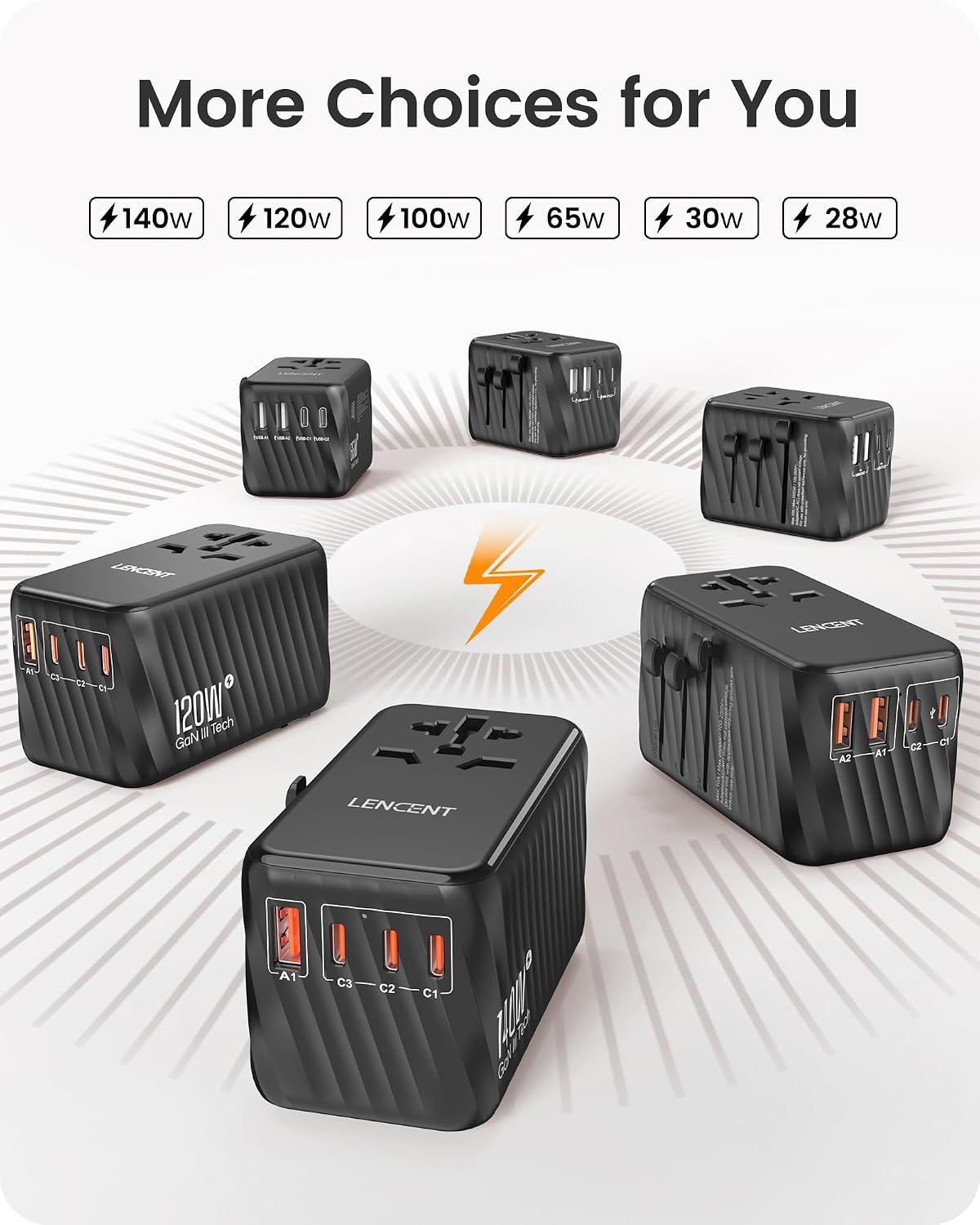 Detalle de LENCENT 5 en 1 Adaptateur de Voyage Universel — 3 USB-A et 1 USB-C, Prise Internationale Type A/C/G/I