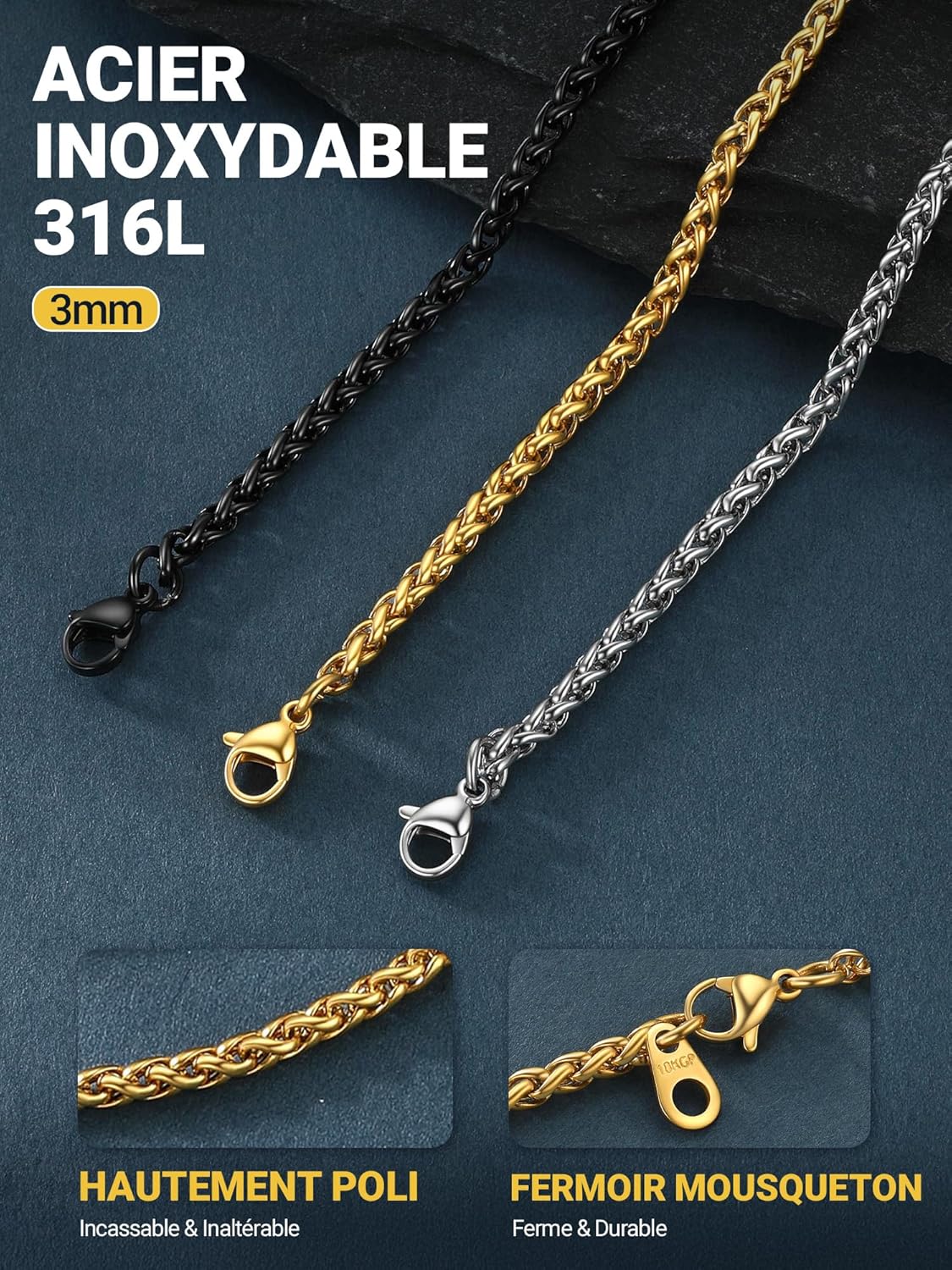 Thumbnail 4 de Collier homme PROSTEEL en acier inoxydable 316L (3/6 mm) chaîne spiga/trigo, tons argent/or/noir