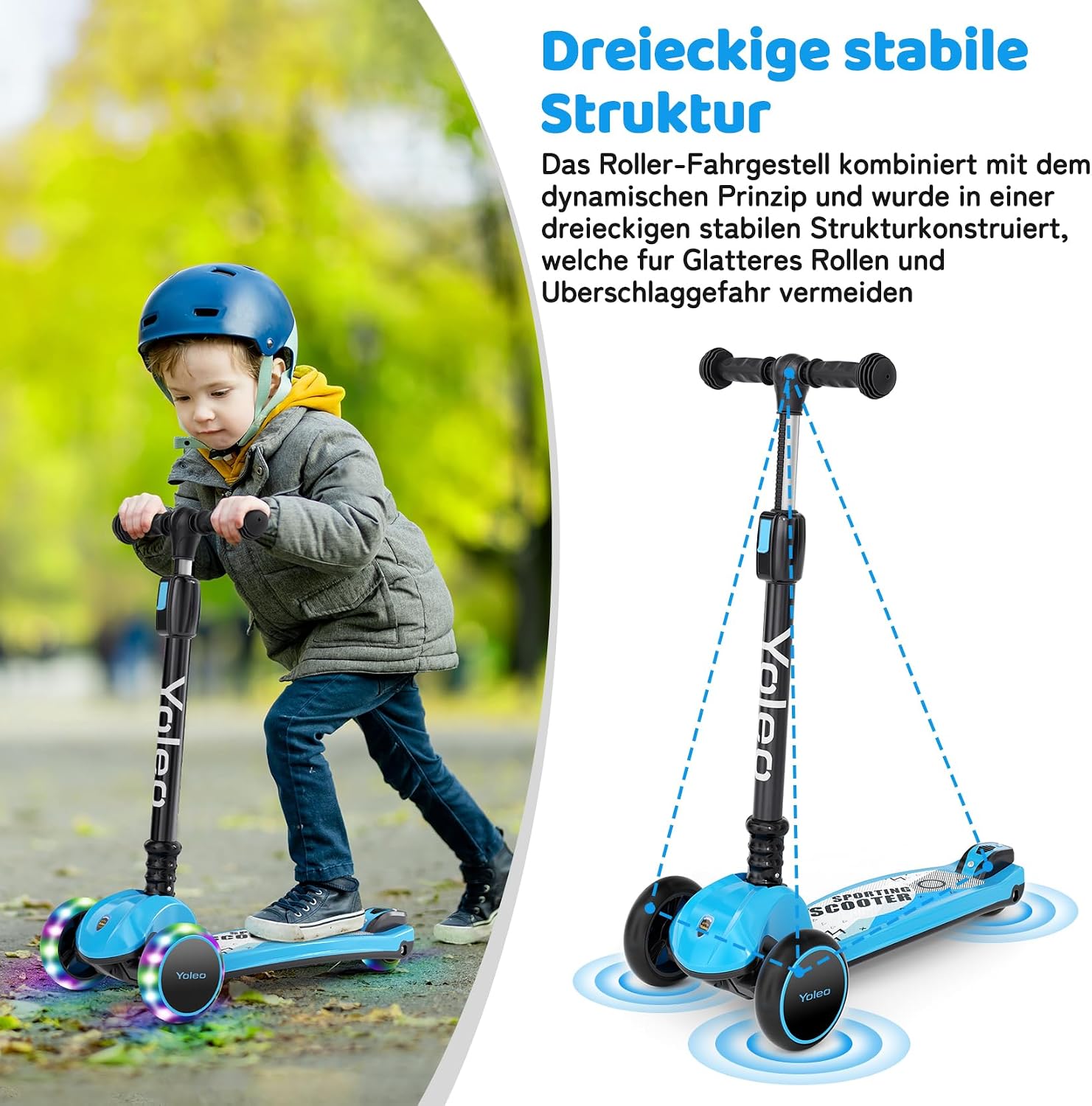 Detalle de YOLEO Kinderoller Dreiradscooter mit leuchtenden PU-Rädern, verstellbarem Lenker und Faltmechanik – ab 3 Jahren