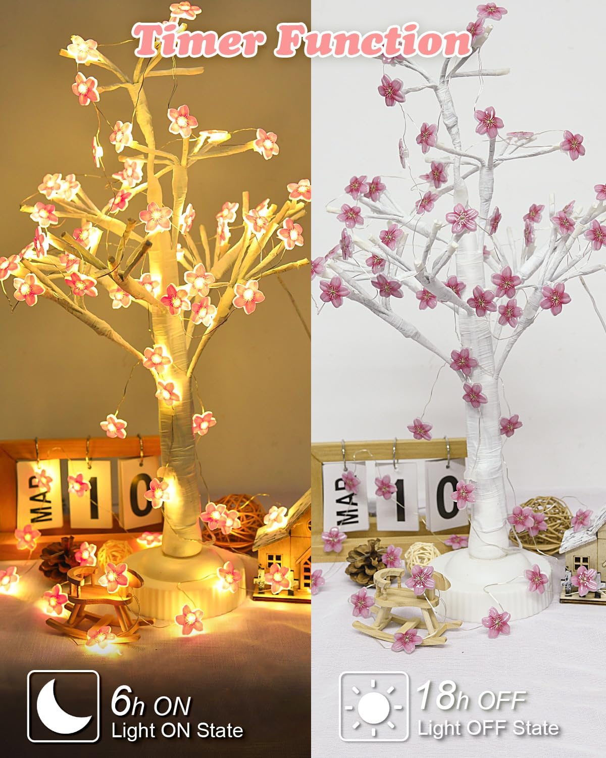 Detalle de Dalugo Flower Fairy String Lights, 2M 20 LEDs Pink Cherry Blossom with Timer