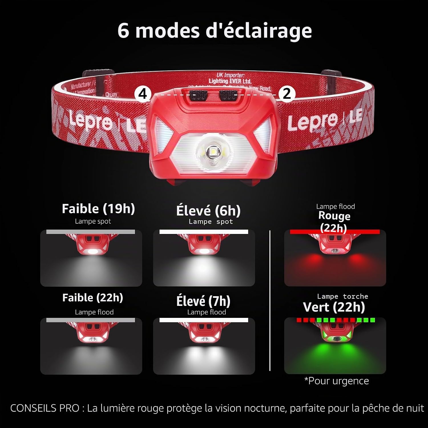 Thumbnail 1 de Lepro Lampe Frontale à Piles C500 – Frontale LED 1300 Lux, 6 Modes, IPX4, Ultra-légère