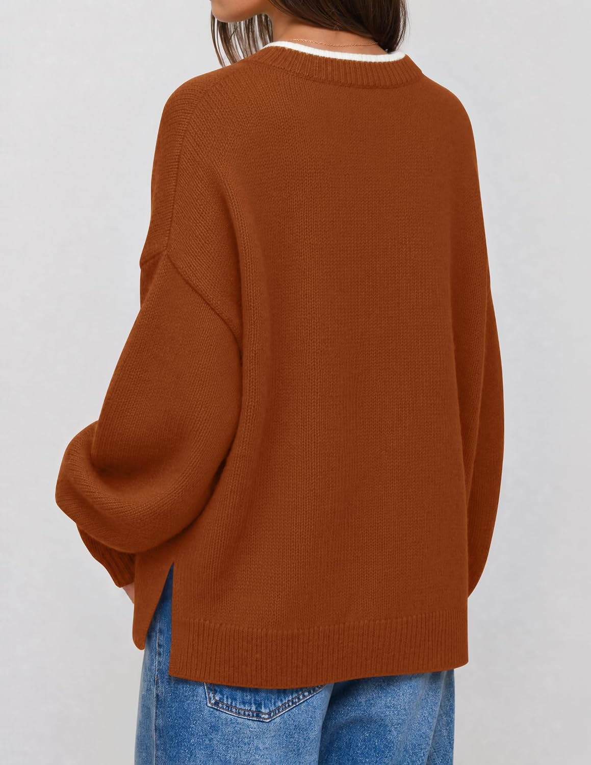 Detalle de ZESICA Oversized Women's Crewneck Sweater with Lantern Sleeves and Contrast Trim