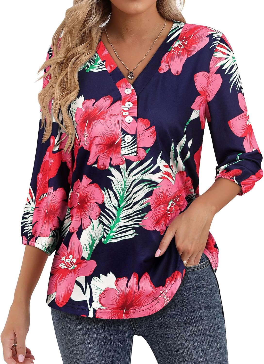 Thumbnail 6 de WIEIYM 3/4 Sleeve Floral V‑Neck Blouse 🌺