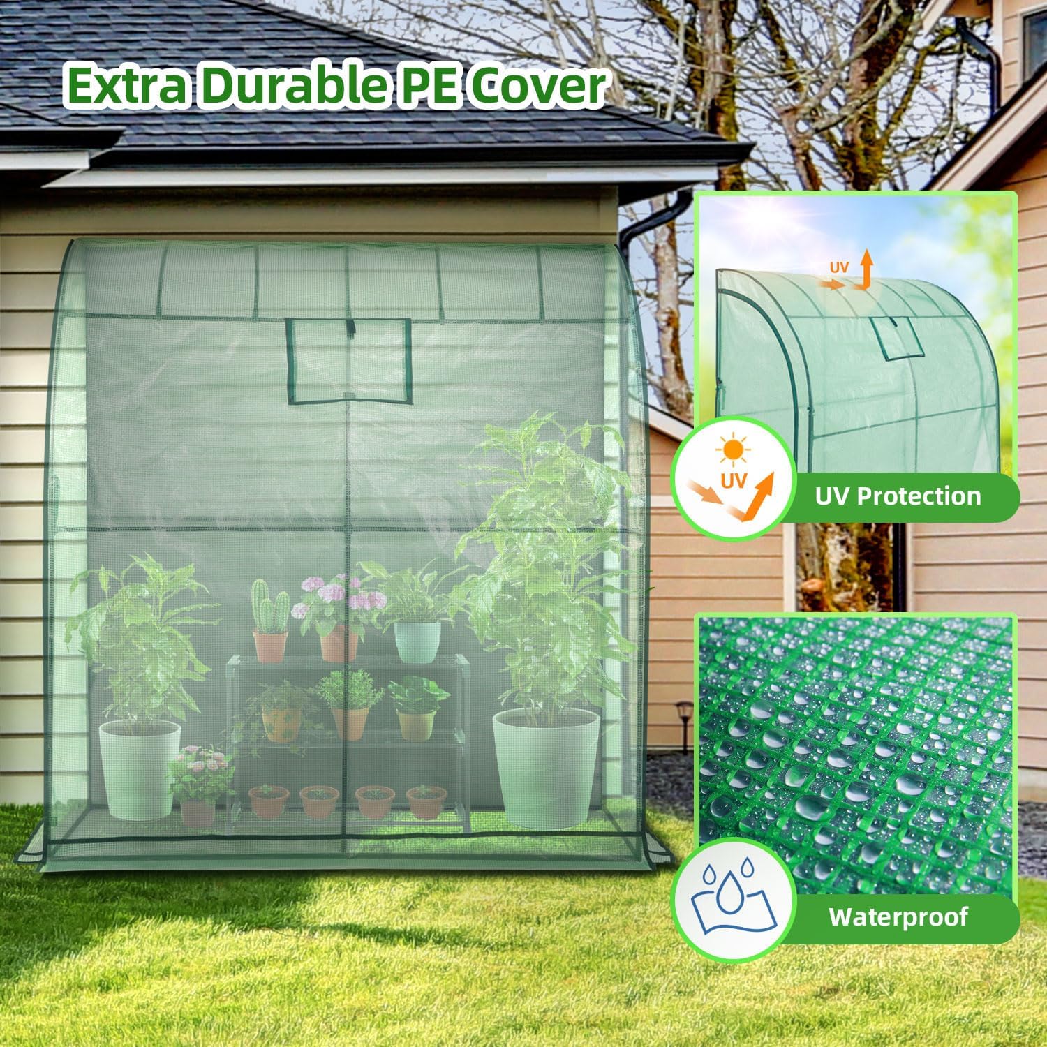 Detalle 1 de Ohuhu portable lean-to greenhouse with free 3-tier shelving unit, mesh windows and double roll-up zip doors (200 x 100 x 210 cm)