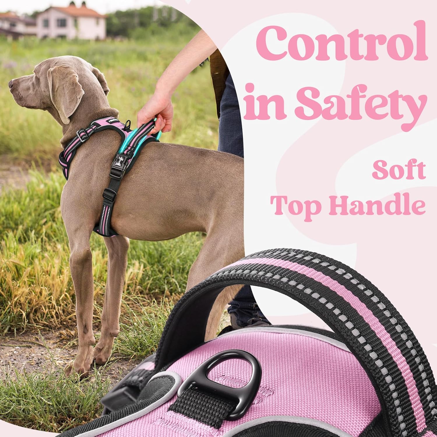 Detalle de rabbitgoo Dog Harness Medium - No-Pull Adjustable Vest with 3 Buckles, Reflective Mesh, Pink, M