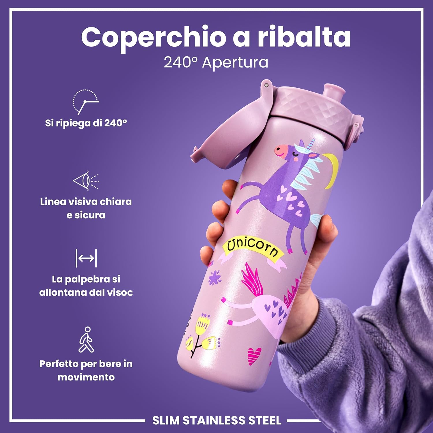 Detalle de Ion8 Borraccia Inox Leggero 600ml – non isolata, anti-perdite, lavabile in lavastoviglie, lilla unicorno