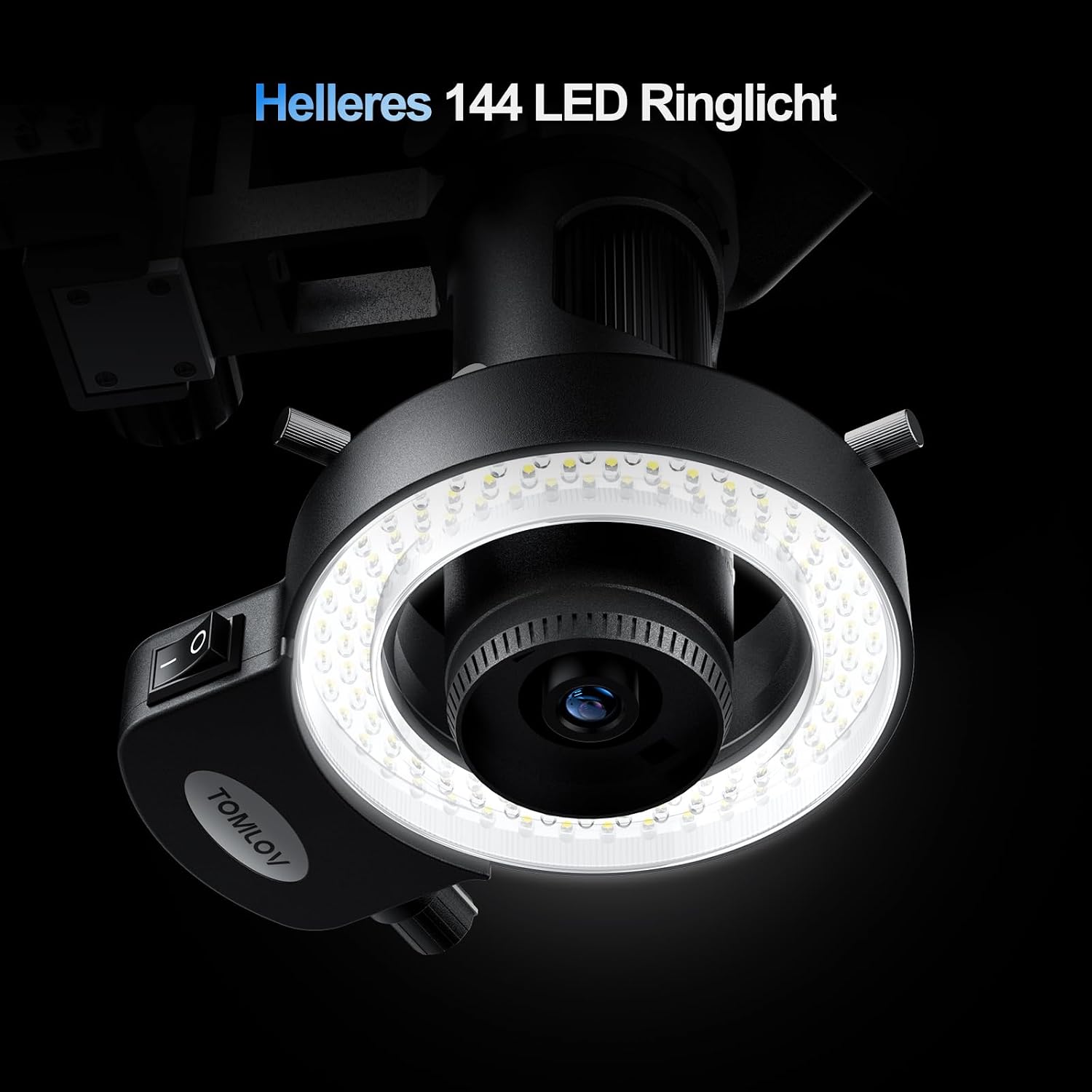 Detalle de TOMLOV DM602 Pro 10,1 Zoll Mikroskop mit 3 Objektiven – 2K HDMI, 144 LED Ringlicht, 64GB Karte, Stativ, USB/TV-Kompatibel