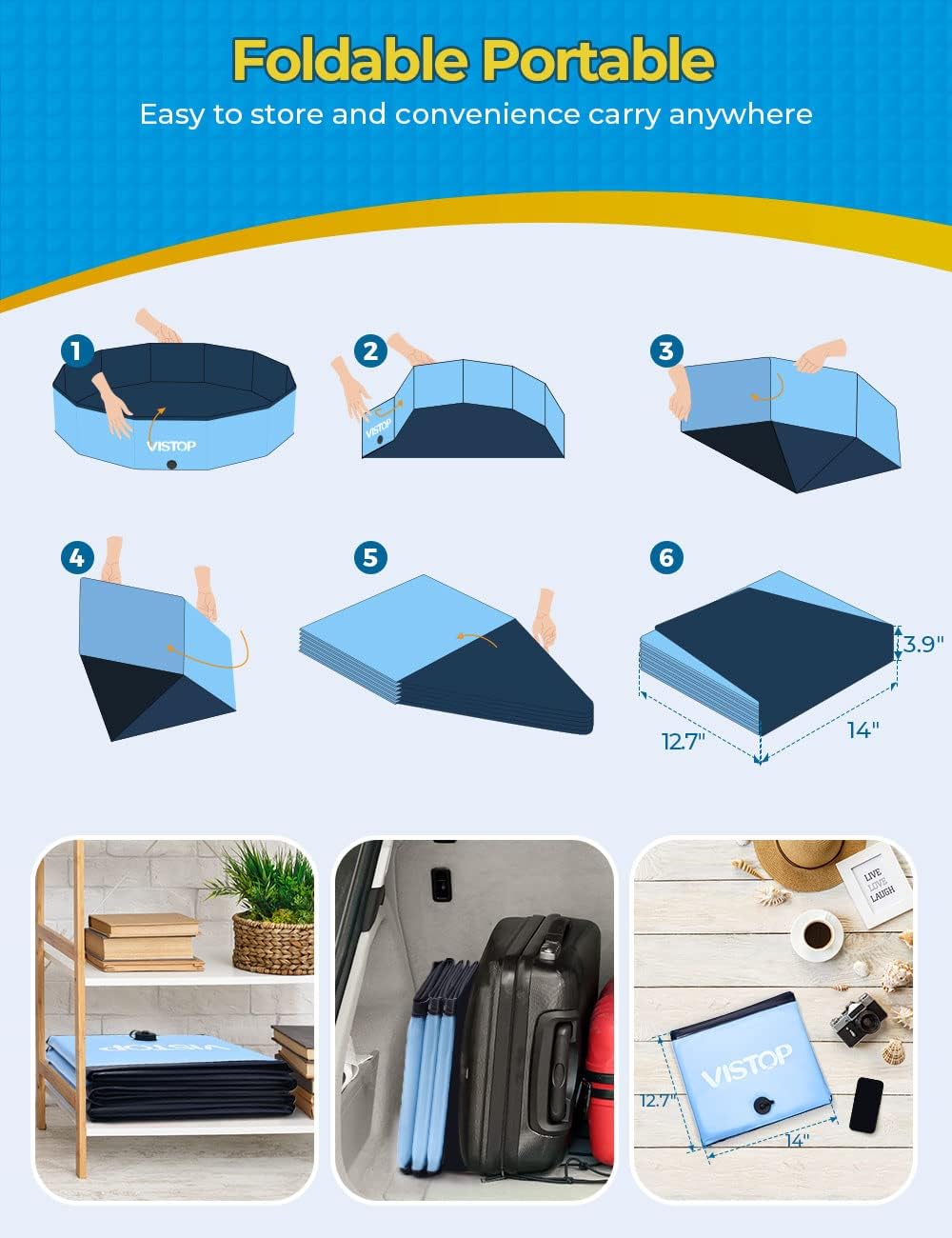 Detalle 2 de VISTOP Large Foldable Dog Pool (57-inch x 11.8-inch) — hard plastic shell collapsible bathing tub for dogs, cats, and kids
