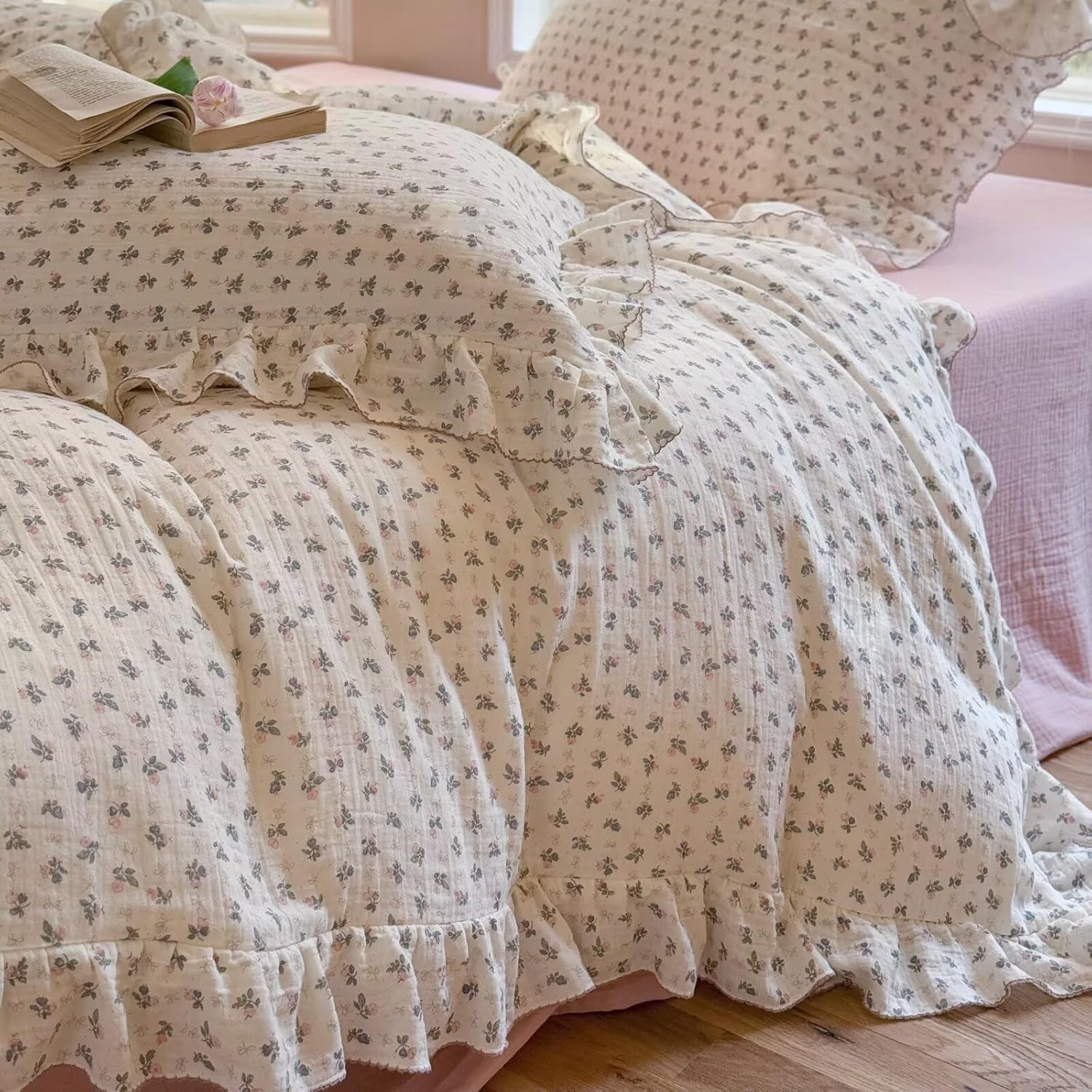 Detalle de BuLuTu BLT-KID-ST-BL-T Twin Muslin Cotton Duvet Cover Set, Floral Print