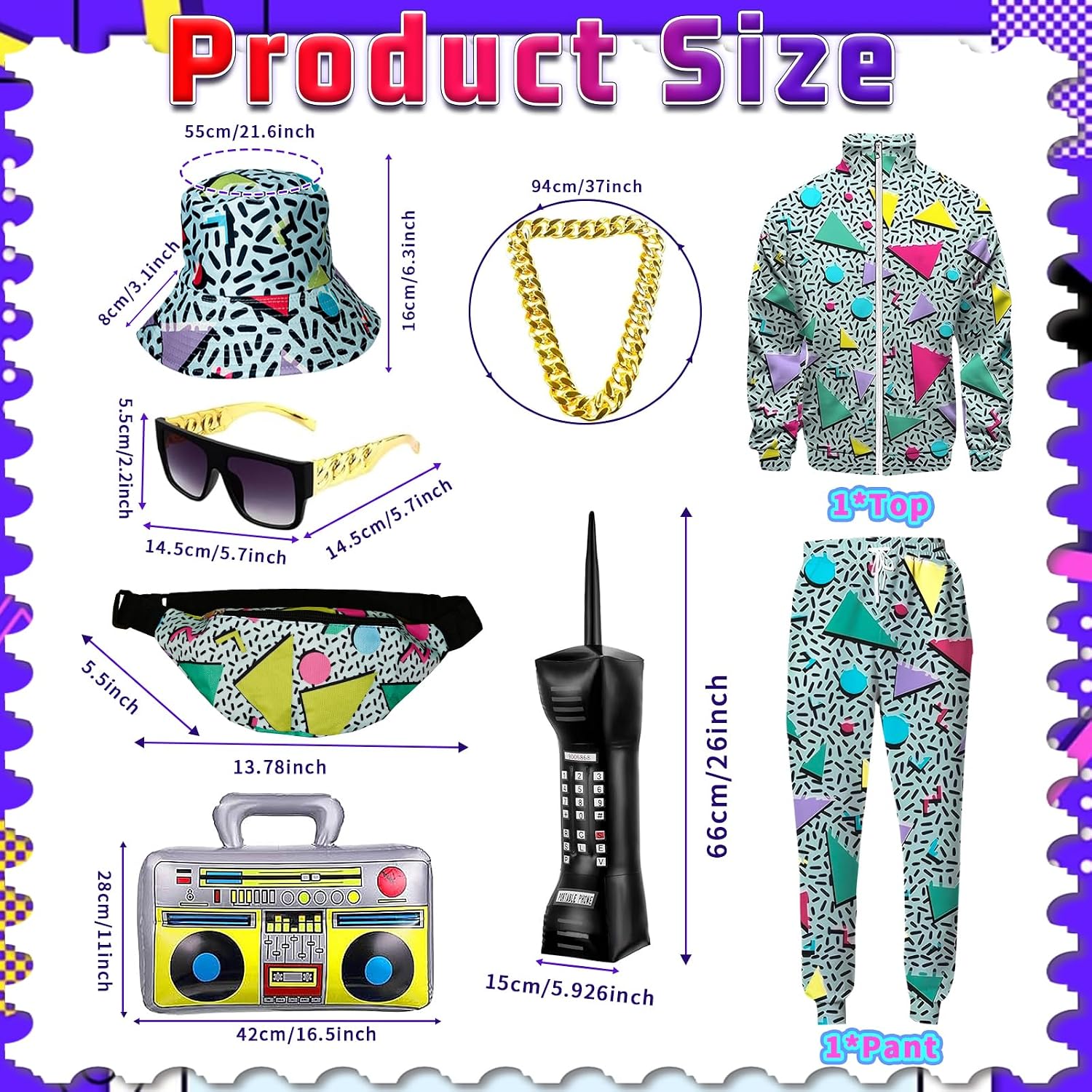 Detalle 1 de OPAEHJF 80s/90s Men’s Tracksuit Costume Set (8 pieces) – neon windbreaker, hat, sunglasses & more