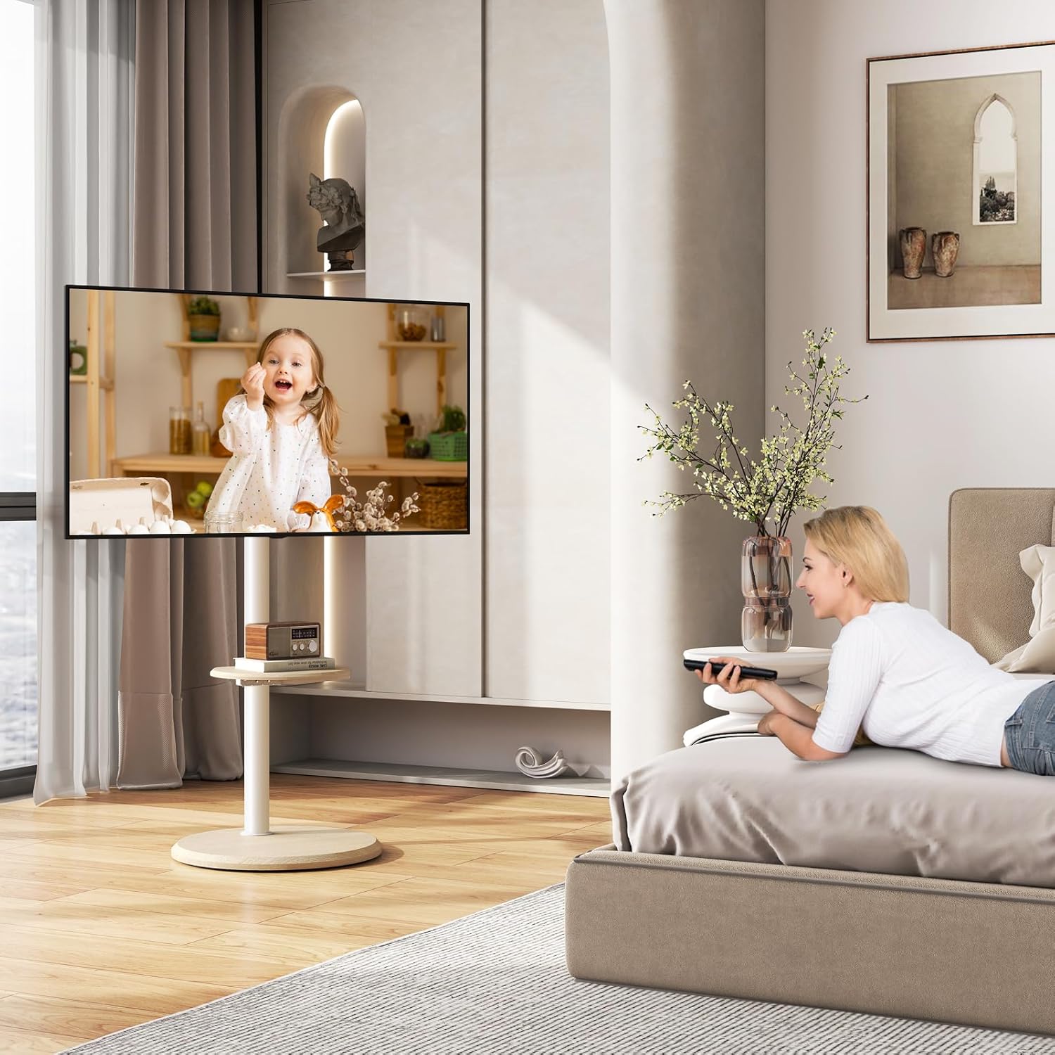 Thumbnail 6 de Support TV sur pied RFIVER avec roues cachées, réglage hauteur & inclinaison (32 à 65 pouces, VESA jusqu’à 400x400) – Blanc