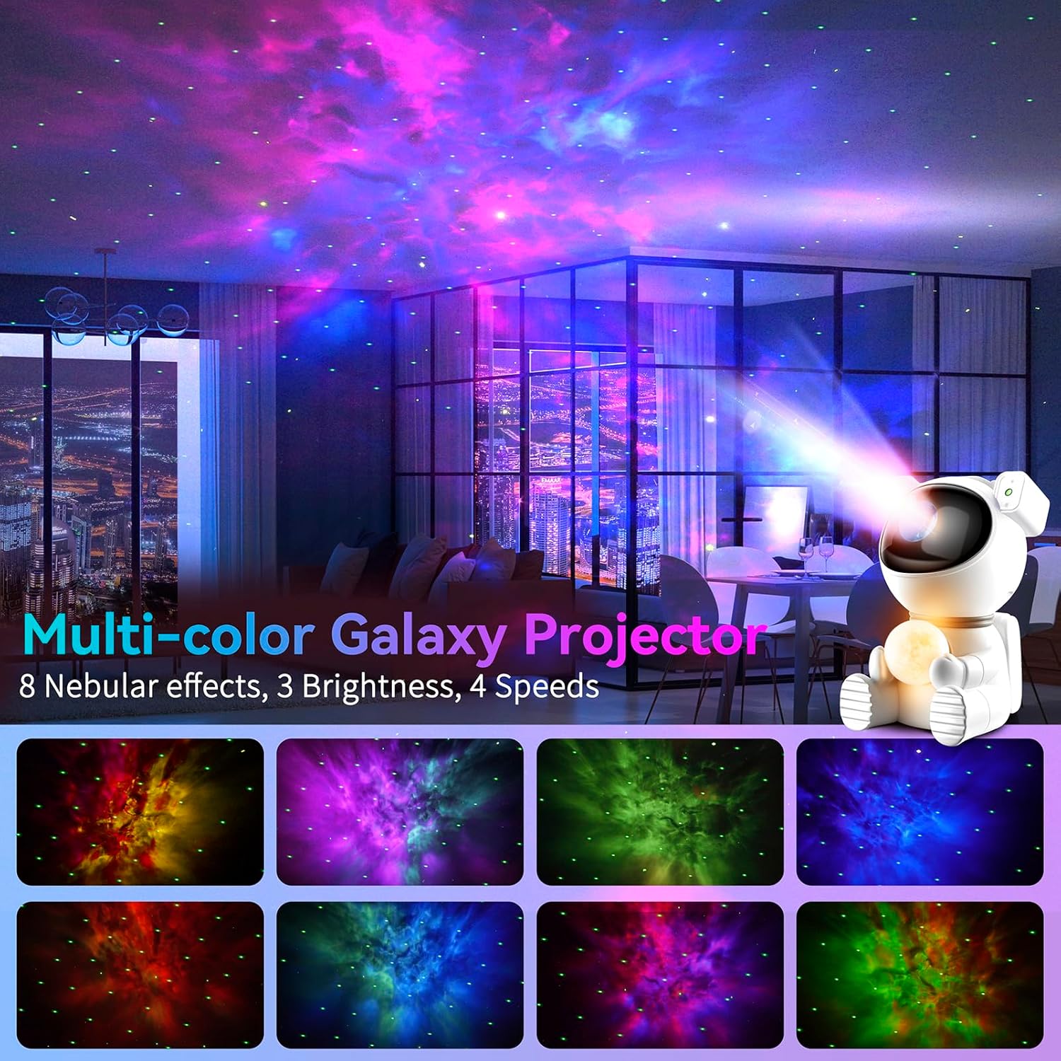 Detalle de Aoshet Astronaut Galaxie-Projektorlicht 2-in-1 mit Mondlampe, 360°-Einstellung und Fernbedienung (Weiß)