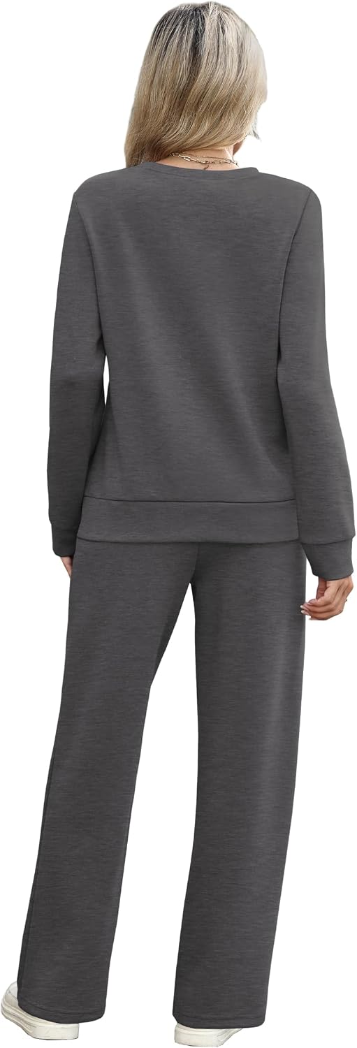 Detalle de WIHOLL Women's Two-Piece Wide-Leg Tracksuit with Pleated Crewneck Top