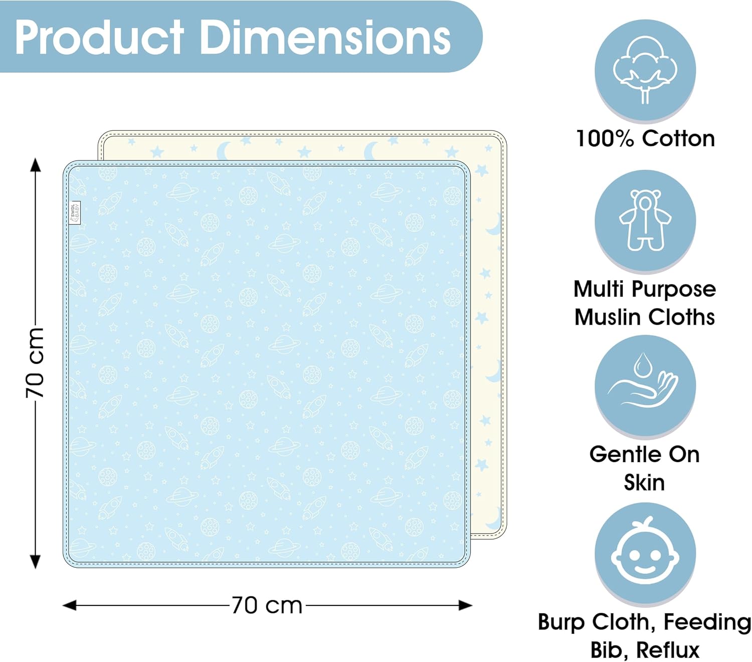 Detalle 2 de Large Baby Muslin Cloths (Pack of 6) 100% Cotton Muslin Squares – Soft, Absorbent & Breathable | Baby Blue Collection