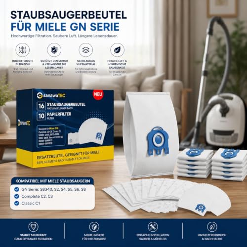Detalle de SANAWATEC 16x Staubsaugerbeutel für Miele GN Serie und More – inkl. 5 Motorfilter & 5 Abluftfilter