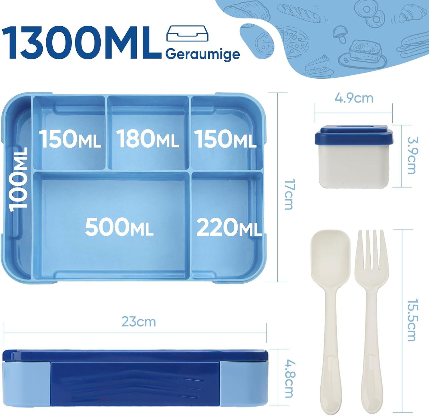 Detalle de BIBURY Brotdose Kinder mit 5 Fächern und Saucenbox, auslaufsicher (1300 ml), BPA-frei, 340 g