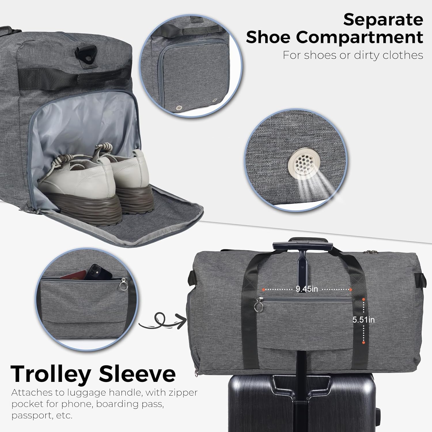 Thumbnail 4 de Fmeida Sporttasche / Reisetasche (faltbar) mit Schuhfach – kleine Weekender-Bag bis ca. 65 l, hellgrau