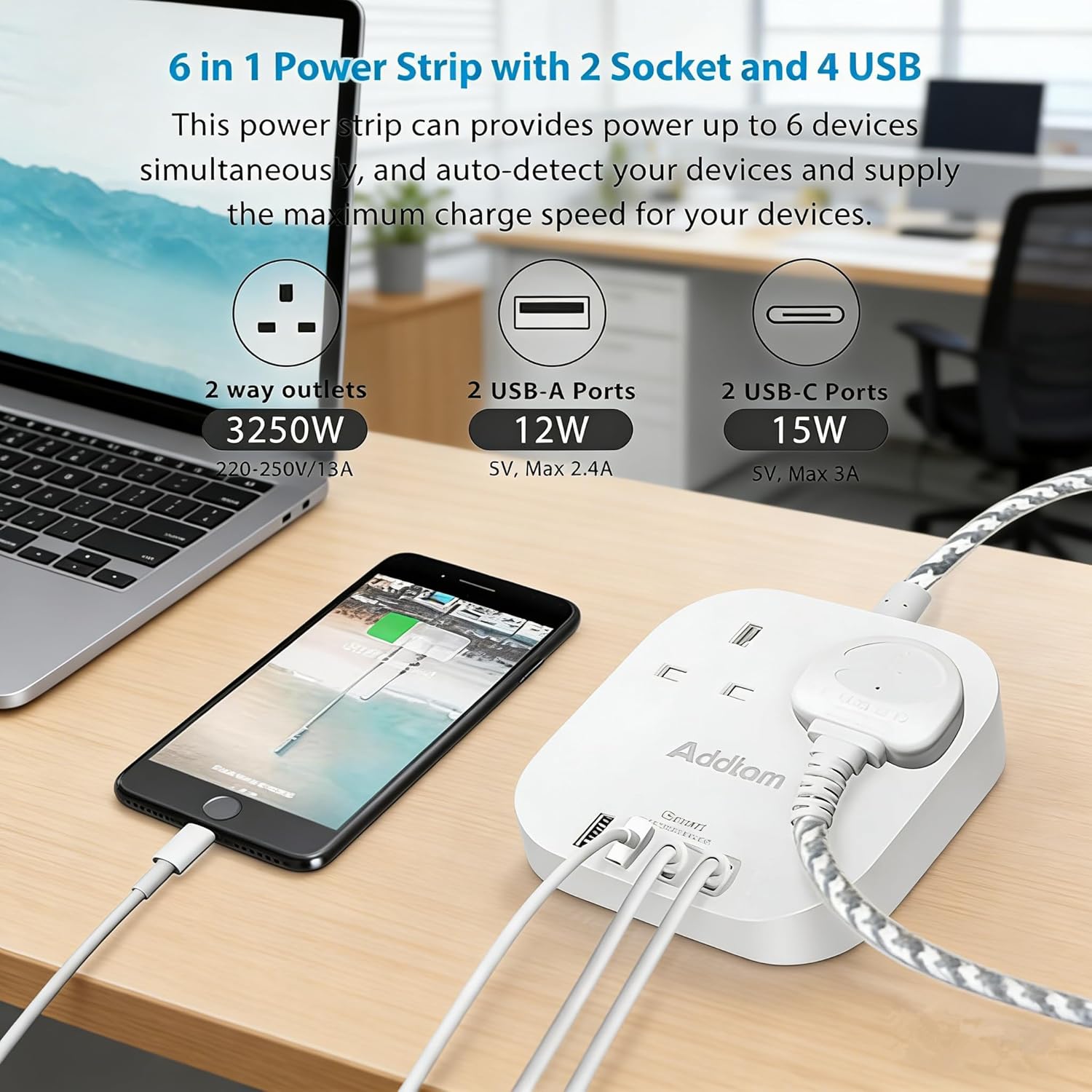 Thumbnail 1 de Addtam Extension Lead Power Strip with 2 Way Outlets, 4 USB Ports and 5m Braided Cord (Surge Protection)