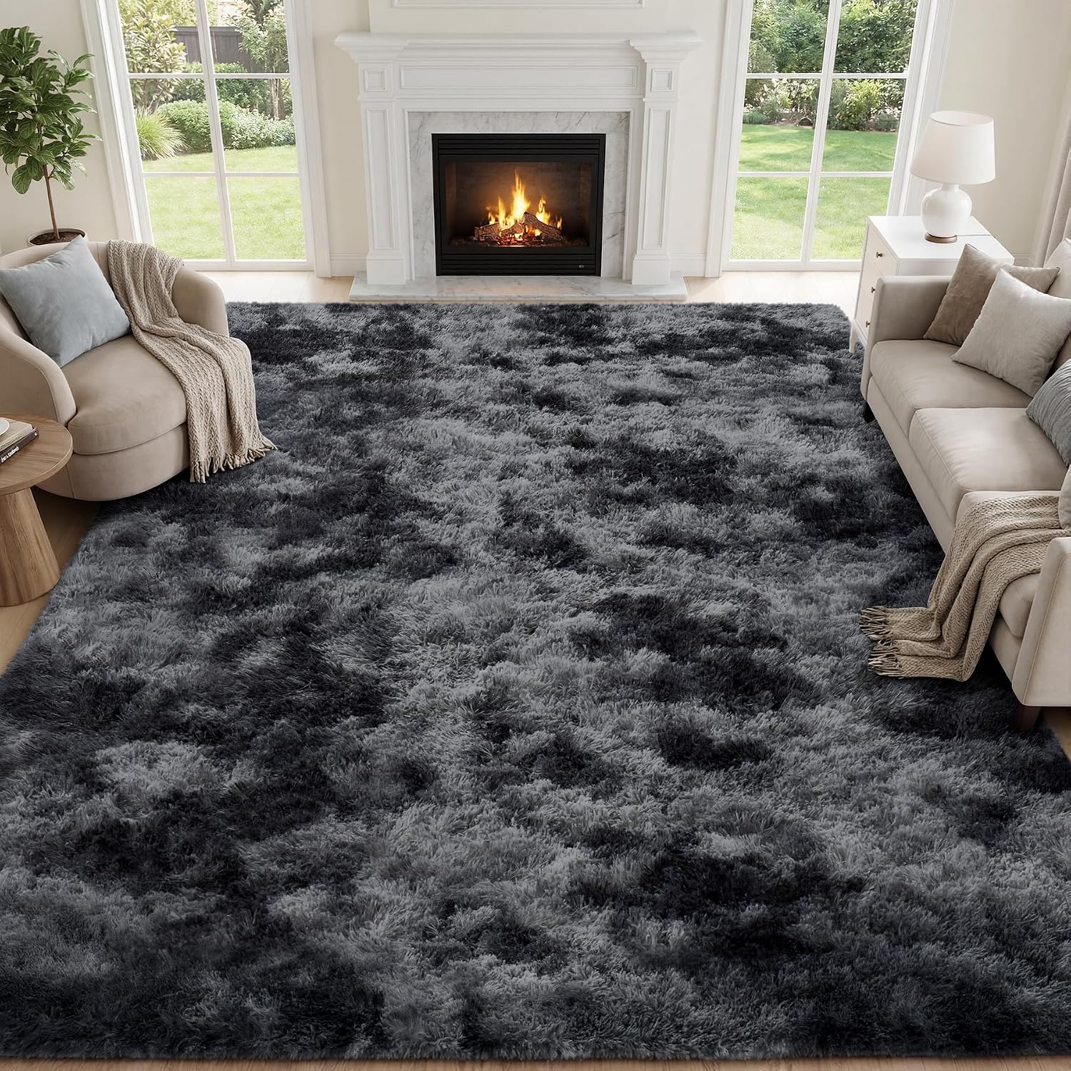 Thumbnail 1 de 8x10 Fluffy Shag Area Rug for Living Room & Bedroom – Black/Gray, Non-Slip, High-Pile Plush