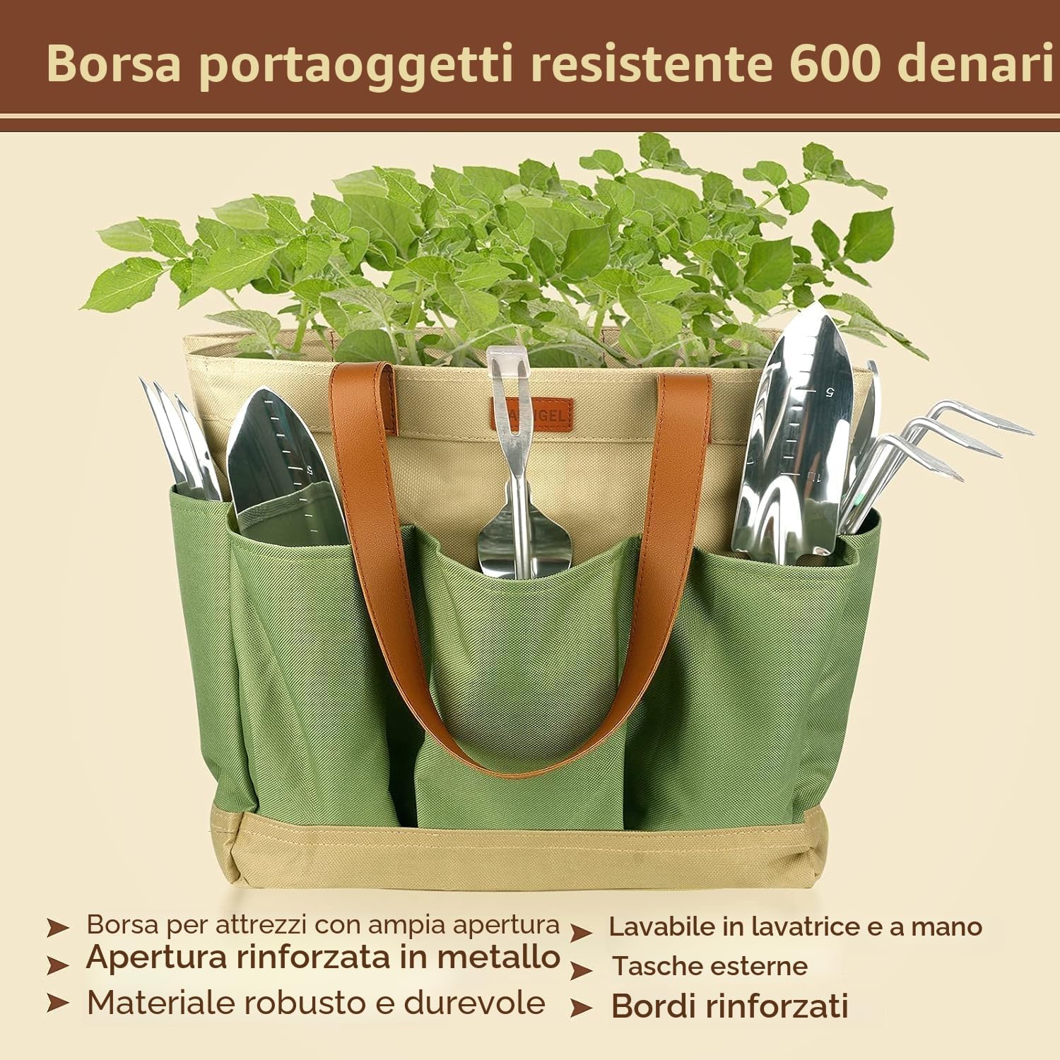 Detalle de YAUNGEL set di attrezzi da giardinaggio da 10 pezzi in acciaio inox con manici in legno antiscivolo (verde)