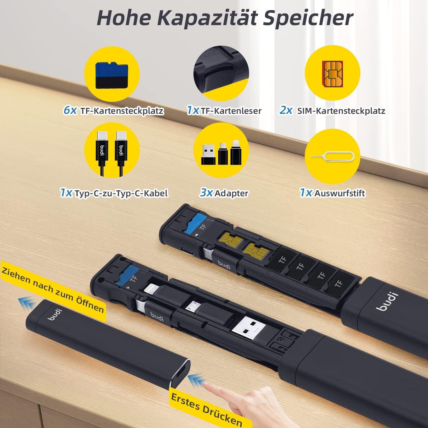 Detalle 2 de Mcbazel Budi 9-in-1 Multi-Kabel- & Karten-Converter-Stick (USB, SD/TF, SIM) mit Typ-C-Adapter