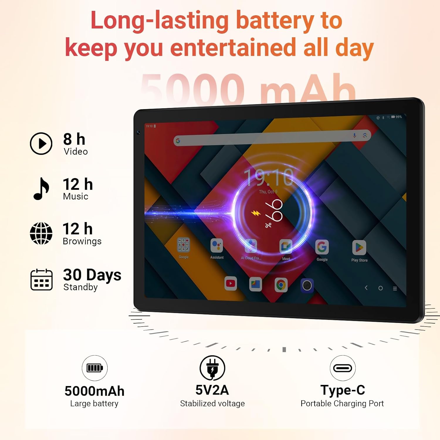 Detalle 2 de URAO 10.1-Inch Android Tablet (Android 16) with Octa-Core, 128GB Storage, Wi‑Fi 6 & Bluetooth 5.4