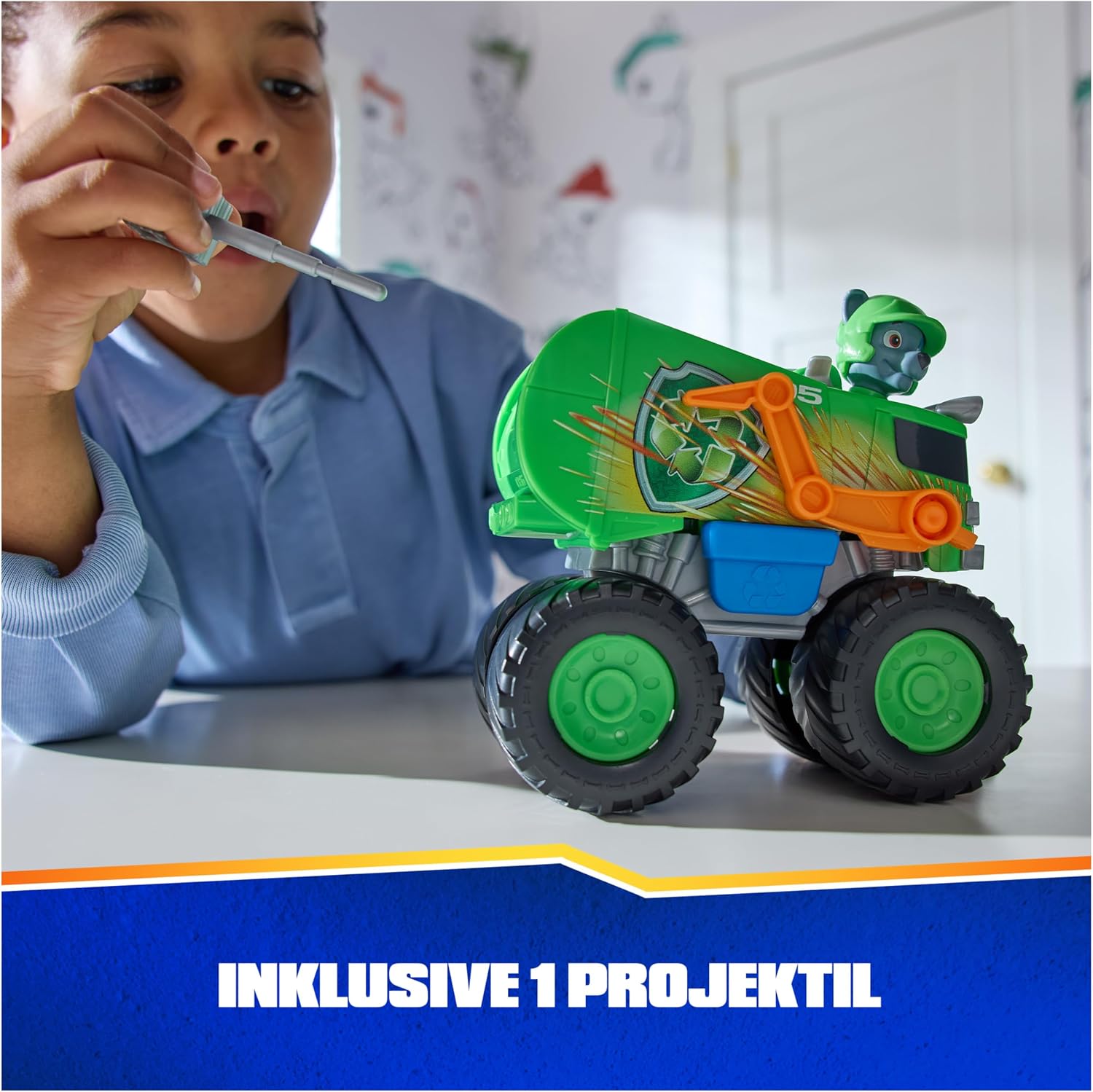 Detalle de PAW Patrol Rescue Wheels Rockys Recycling Monstertruck mit Geschoss-Abwurf & Rocky-Hundefigur – Spielzeug ab 3 Jahren
