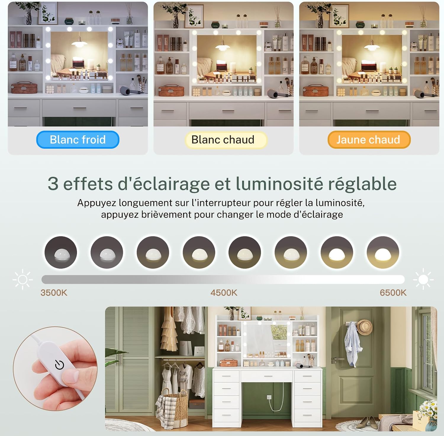 Detalle 1 de TEENFON 9 lad kaptafel met ledspiegel, 9 lades en 7 planken, wit