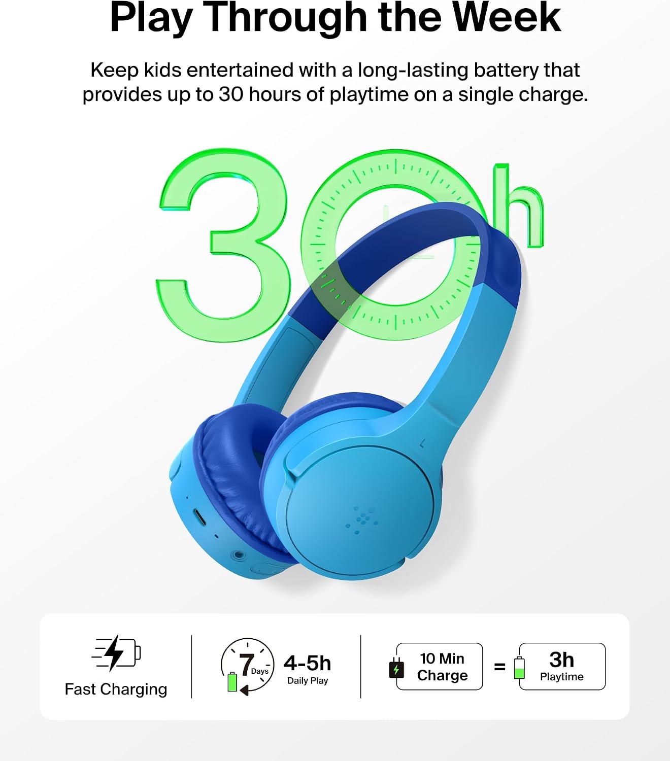 Detalle de Belkin SoundForm Mini Kids Wireless Bluetooth Headphones (30H Battery, 85dB Safe Volume) with Mic, Blue