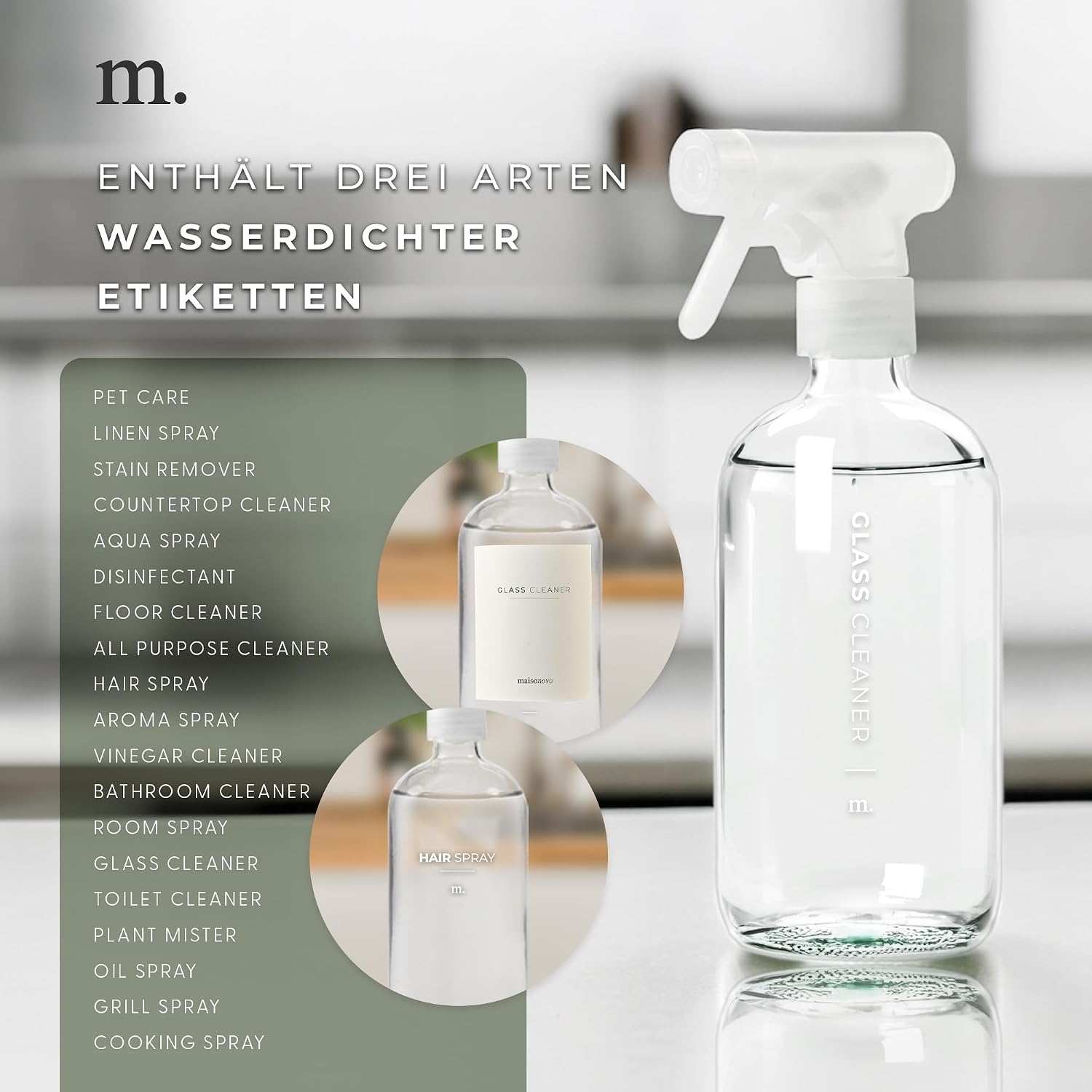 Detalle 2 de MaisoNovo Glas-Sprühflasche 500 ml im 2er-Set – Klar, inkl. 16 Etiketten