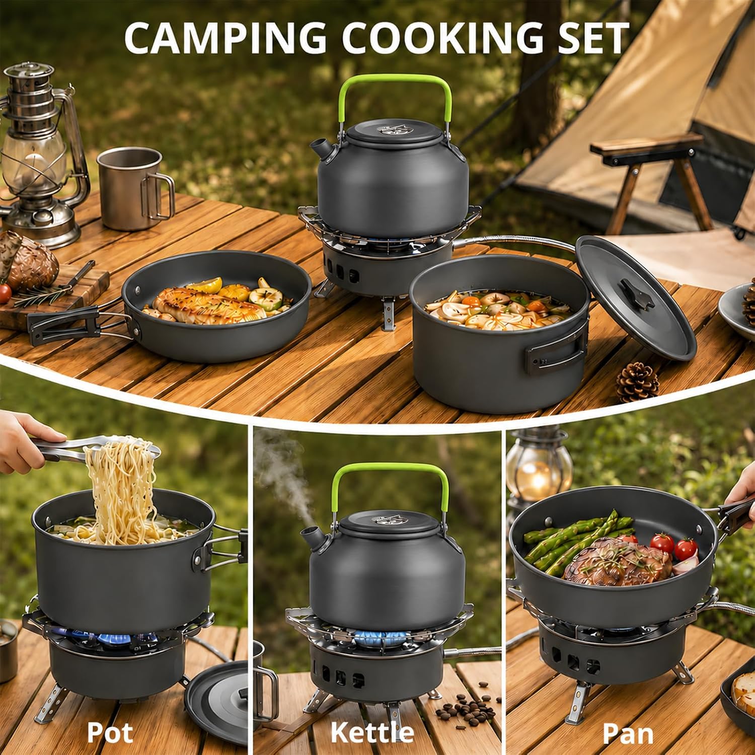 Detalle de aiGear CC01BK05 Camping Cookware Set for 1–2, with Pot, Pan and Kettle