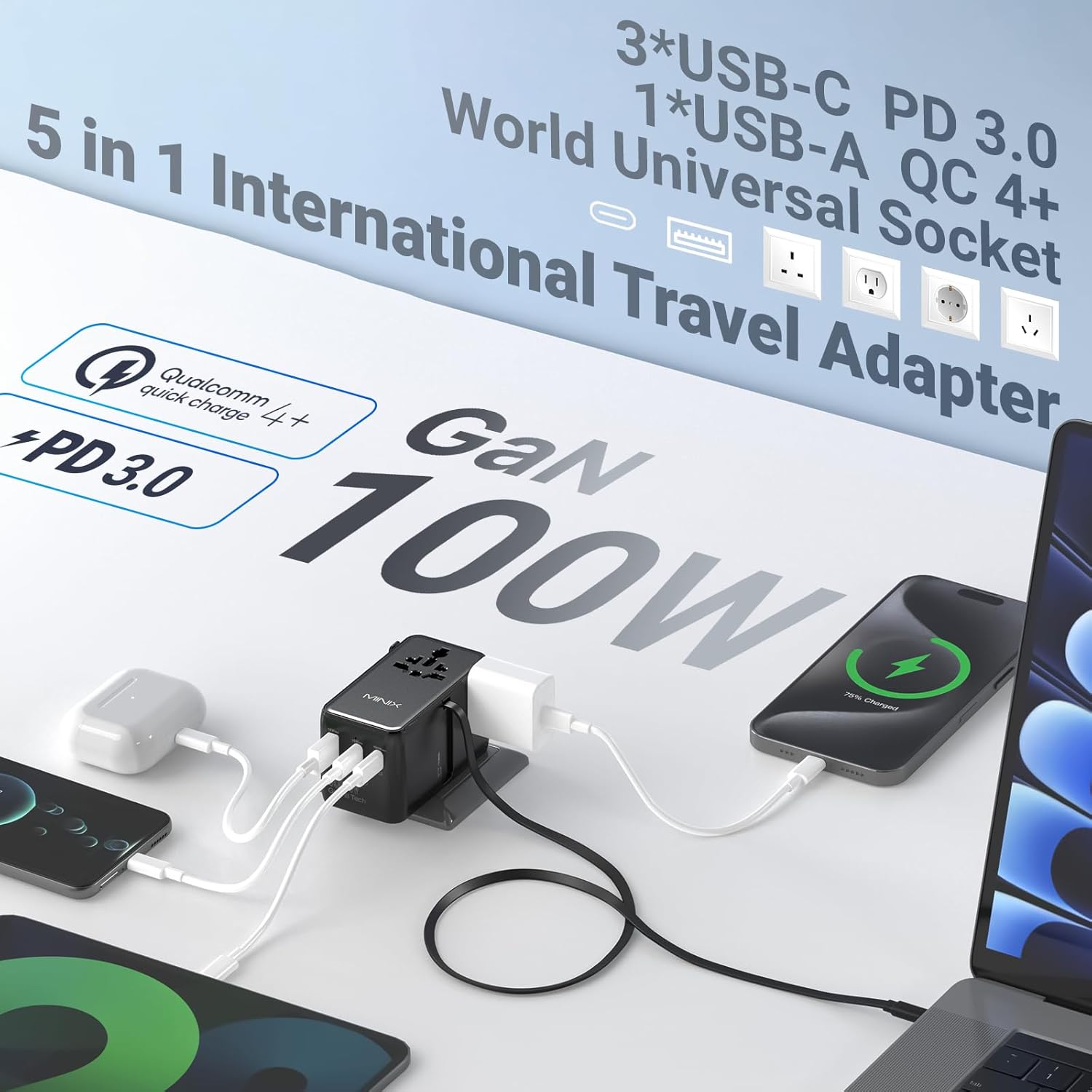 Thumbnail 1 de MINIX Universal-Reiseadapter 100 W mit ausziehbarem USB-C-Kabel – GaN III, 4 Anschlüsse