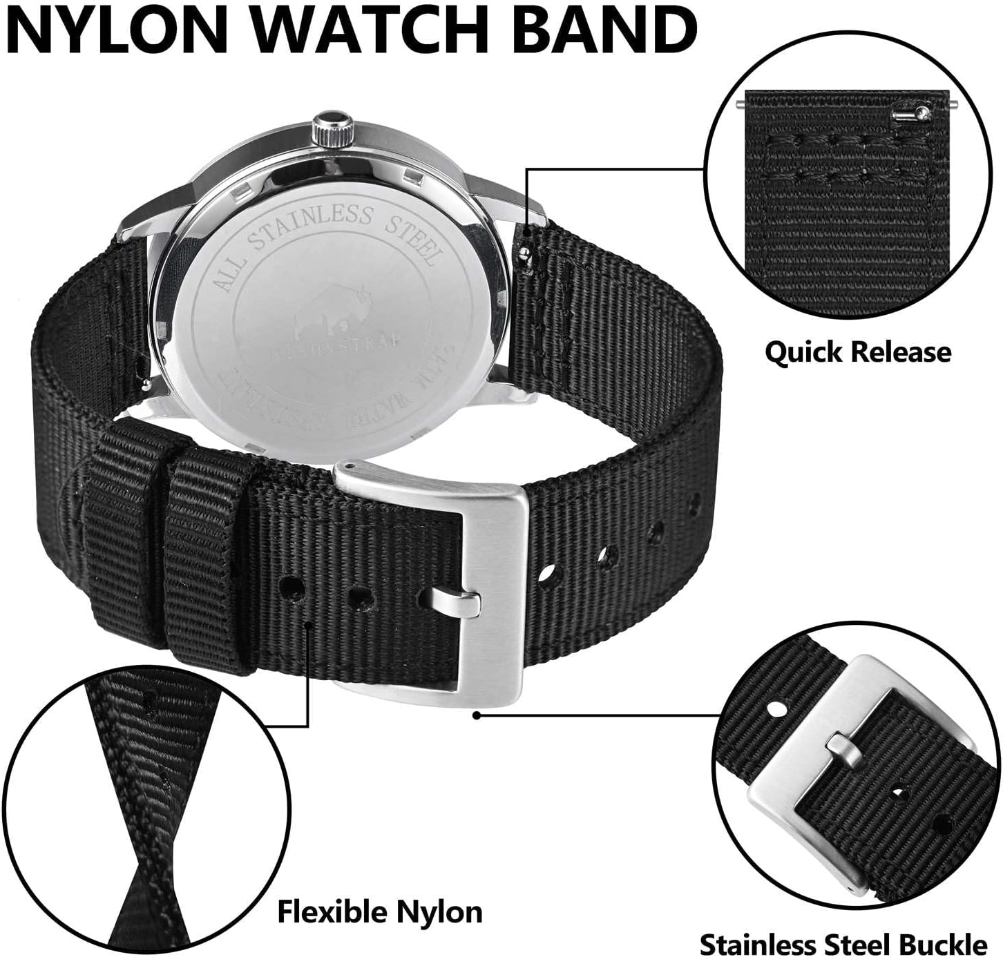 Detalle de BISONSTRAP Nylon Armband für Herren – Zweiteiliges Militär Uhrenarmband mit Schnellverschluss