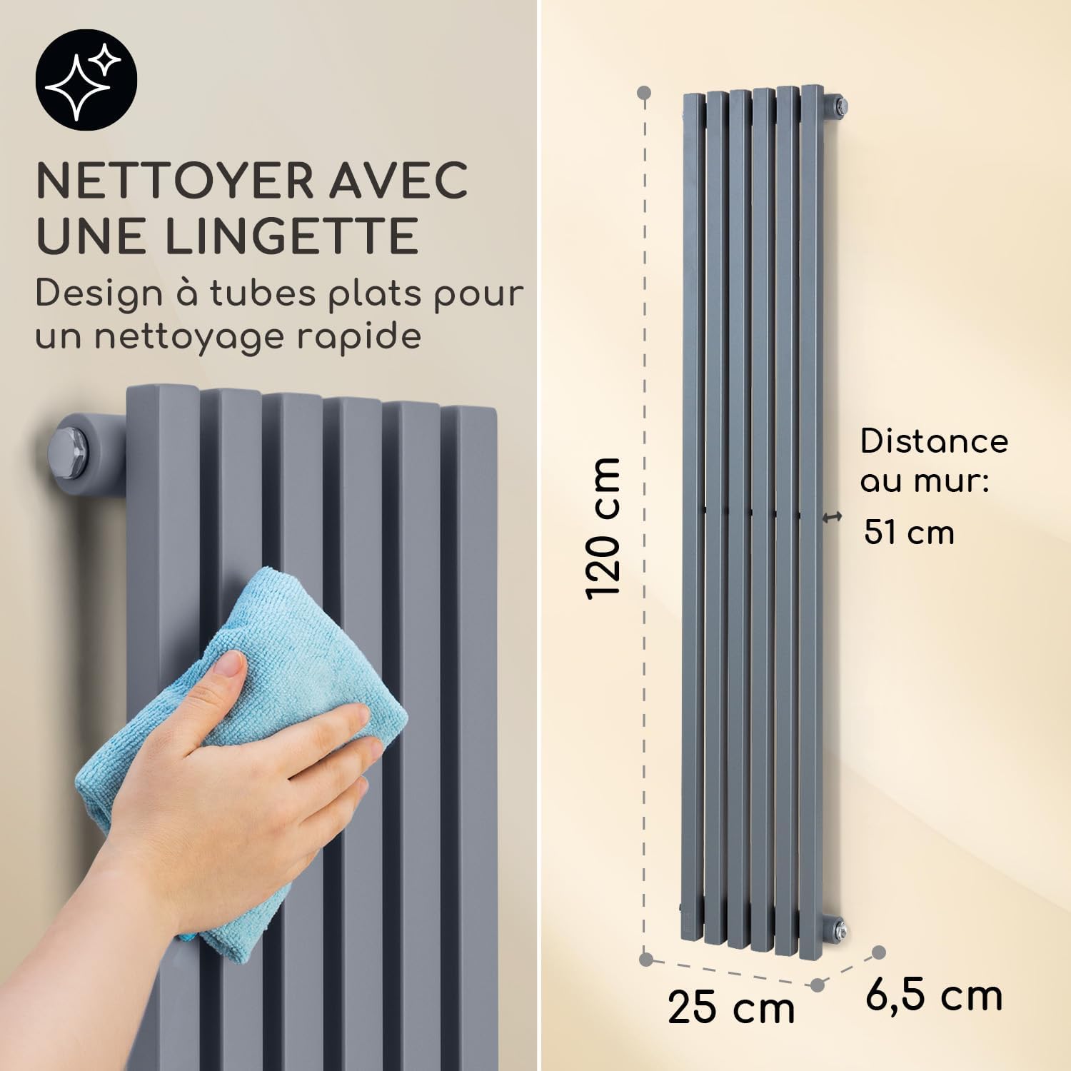 Detalle de Besoa Delgado radiateur 120x25 gris slim 2-en-1, 6 nervures verticales, montage mural (508 W/max)