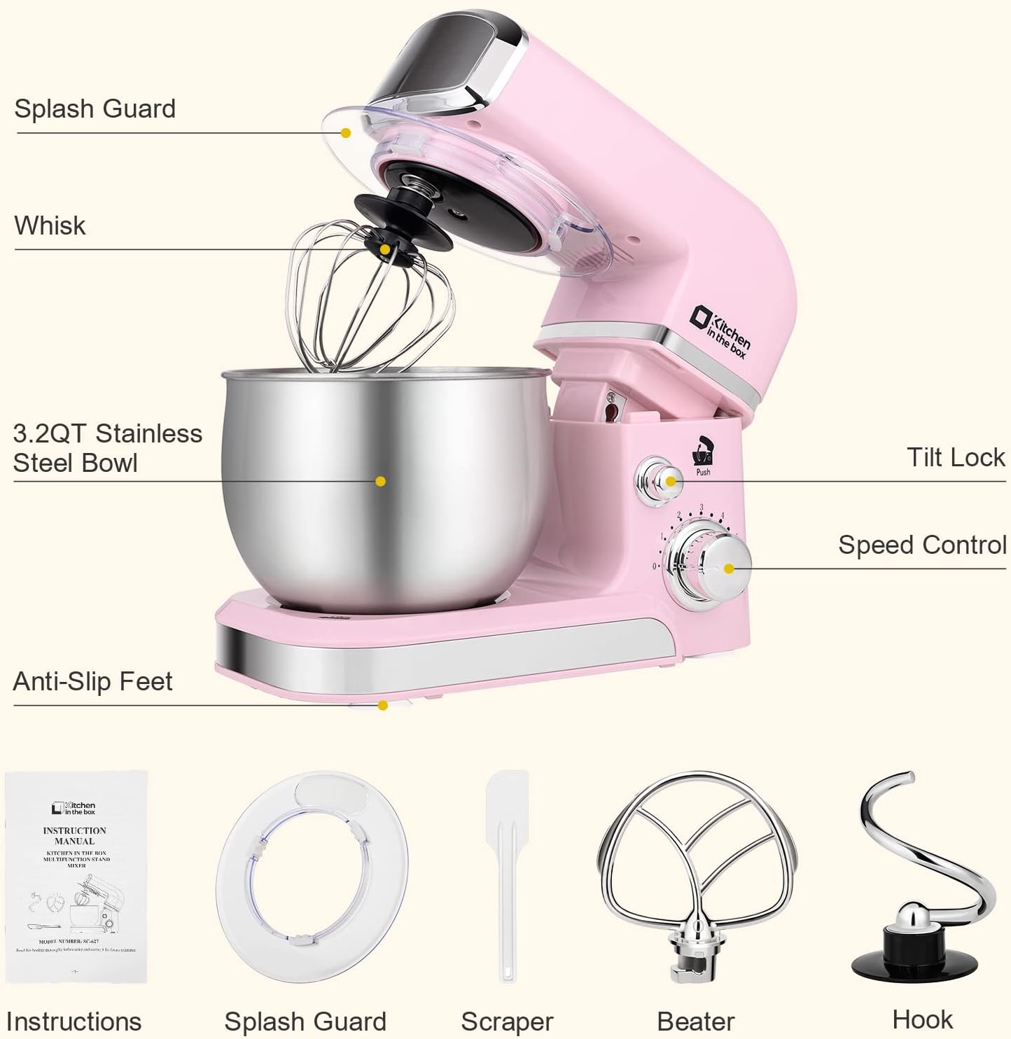 Thumbnail 2 de Kitchen in the box Stand Mixer (3.2Qt) – Compact Electric Food Mixer with 6 Speeds, Tilt-Head, Dough Hook, Whisk, Flat Beater (Pink)