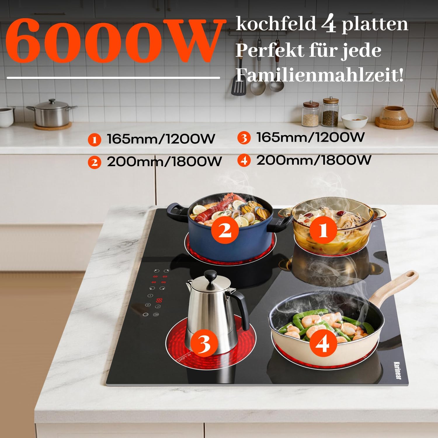 Detalle de Karinear Glaskeramikkochfeld 4 Platten 60 cm – 6000 W Autarkes Einbaukochfeld mit Touch-Steuerung