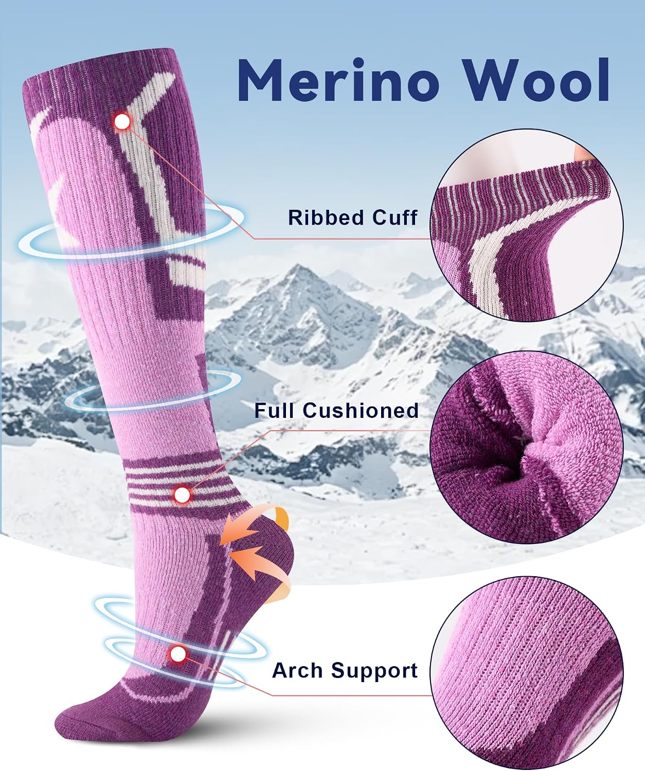 Detalle 1 de Niorasen damskie skarpety narciarskie do kolan, 60% wełny merino, 3 pary