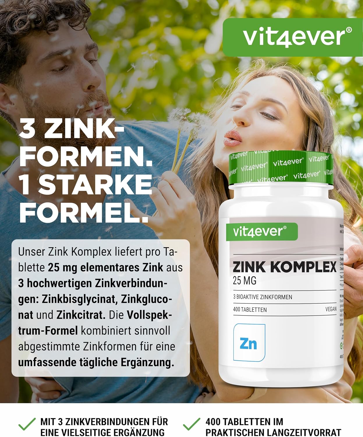 Detalle 2 de vit4ever Zink Komplex 25 mg – 400 Tabletten (3 bioaktive Zinkformen, vegan)