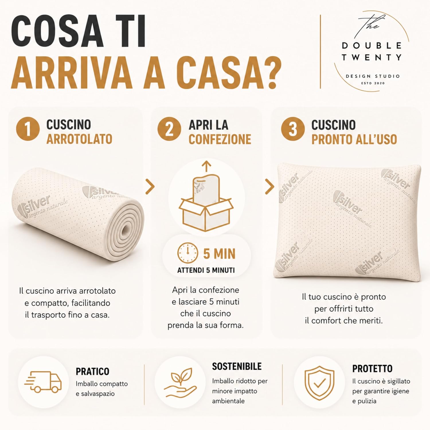 Thumbnail 6 de The Double Twenty Cuscino Antirussamento in Memory Foam – Sostegno Ergonomico alto 18 cm con fodera in argento naturale
